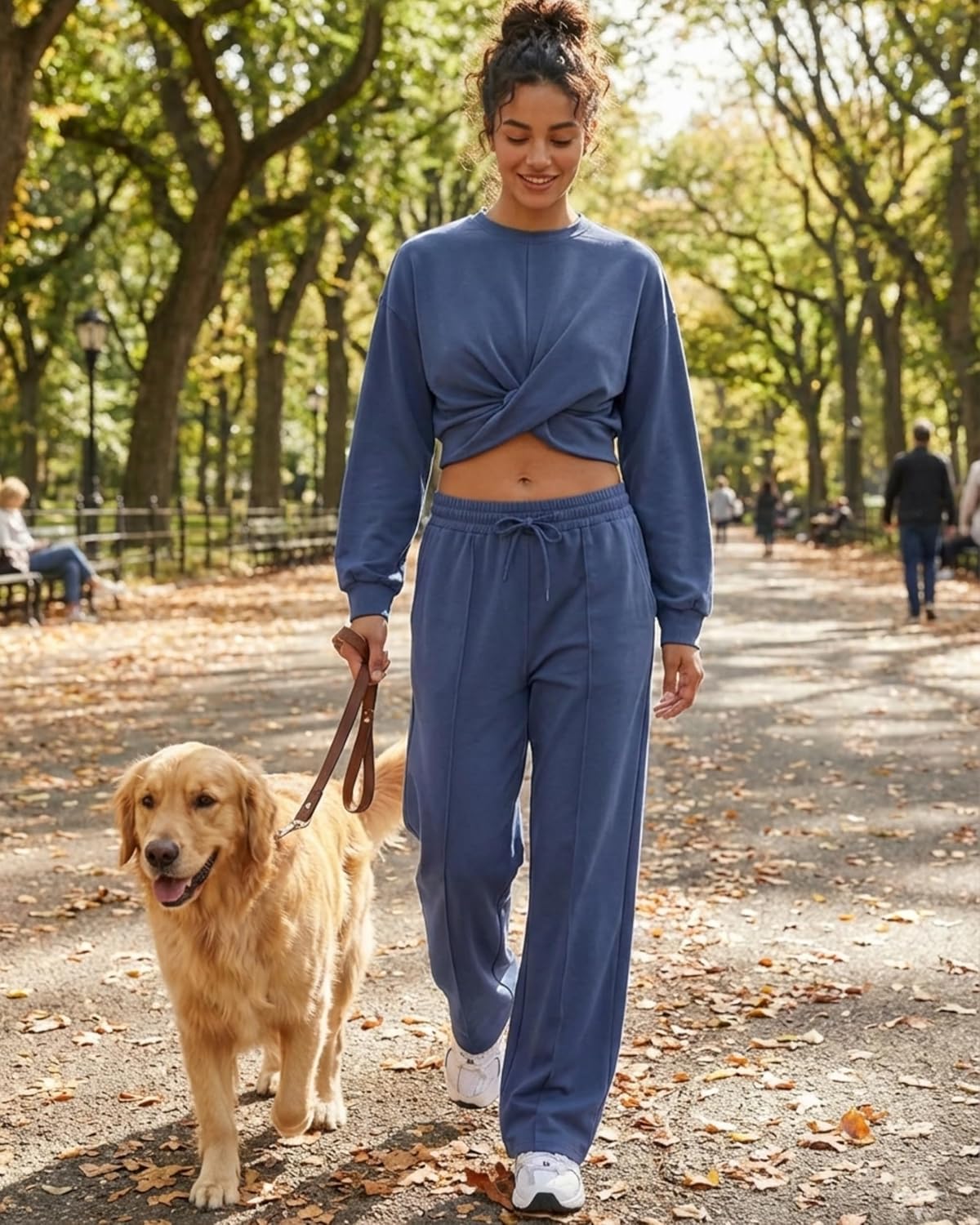 Women 2 Piece Outfits Long Sleeve Twist Front Cropped Sweatsuit High Waist Wide Leg Pants Lounge Matching Sets - Image 4