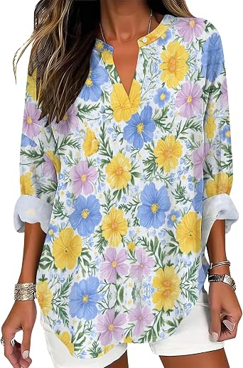 V Neck T Shirts for Women Long Length Sleeve Floral Print Blouse Summer Boho Tops Dressy Casual Basic Tees