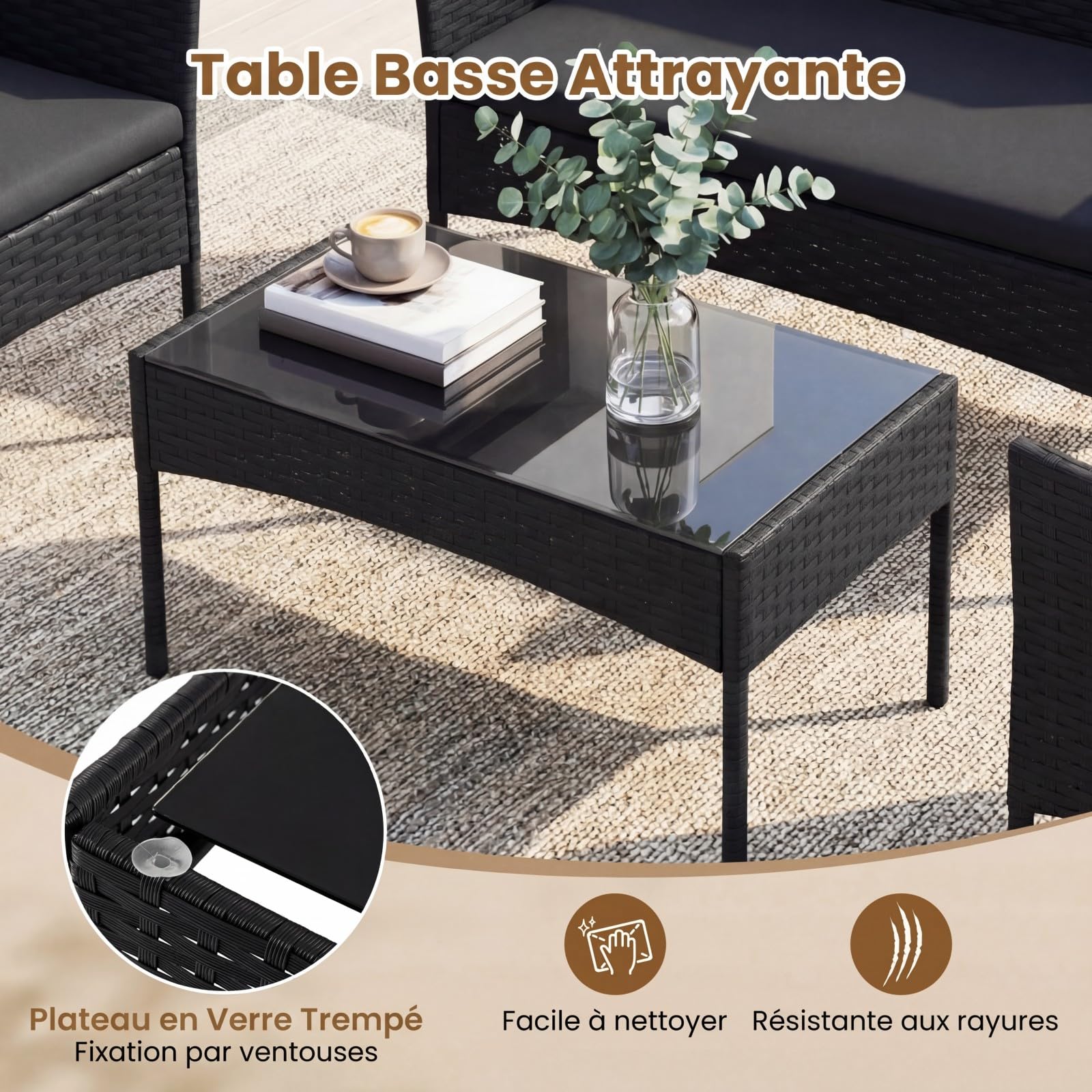 COSTWAY Ensemble Salon de Jardin 4 Pièces en Résine, Mobilier d'Extérieur avec 2 Fauteuils Canapé 2 Places Table Basse Plateau en Verre Trempé Coussins Amovibles, pour Terrasse Jardin (Noir+Noir)