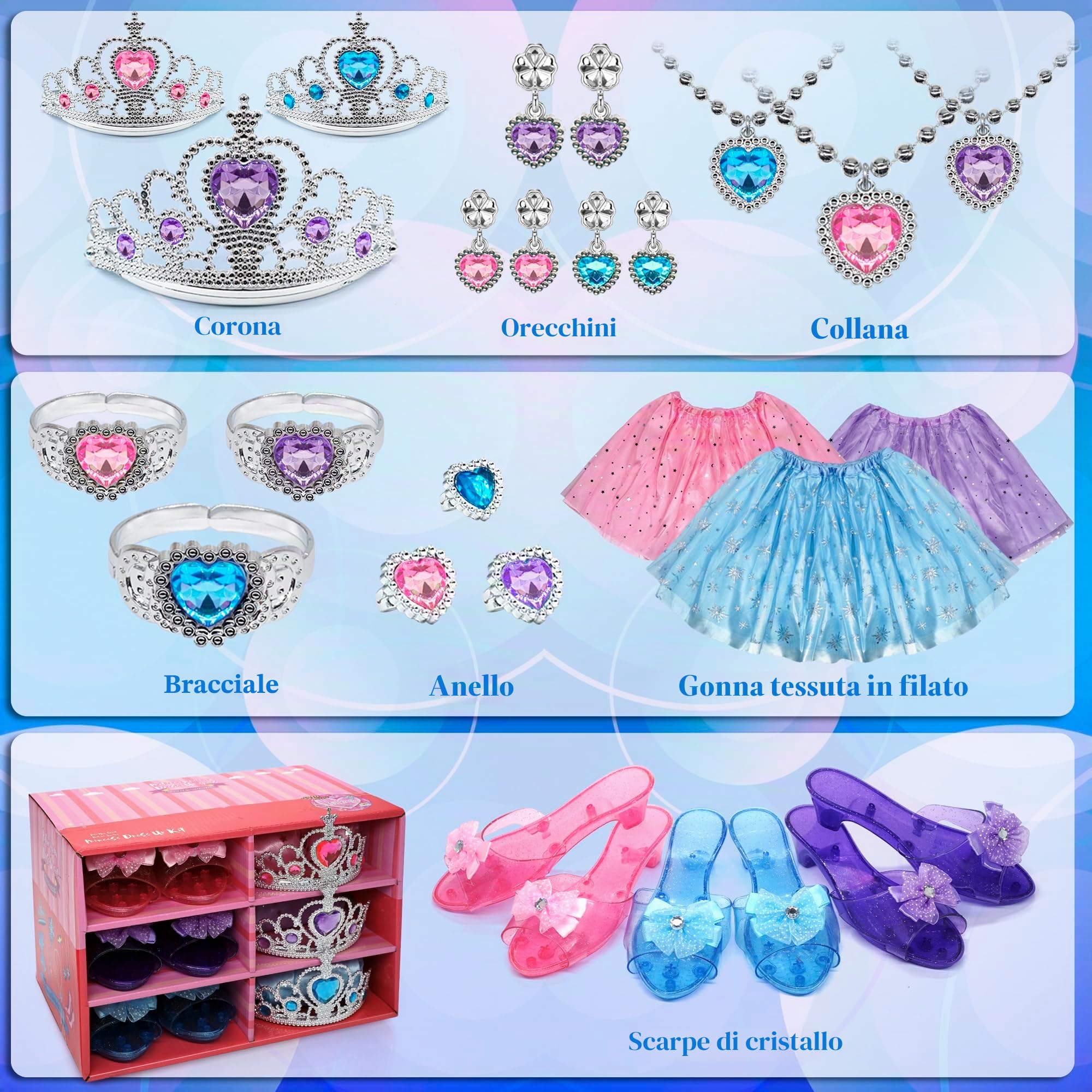 Principessa Vestire Abiti Ragazza - Costume Bambini con Robbe, Scarpe, Gioielleria, Giocattoli per Ragazze Età 3,4,5,6 anni, Scarpe Bambini Gioco di Ruolo Idea Regalo per Compleanno Natale
