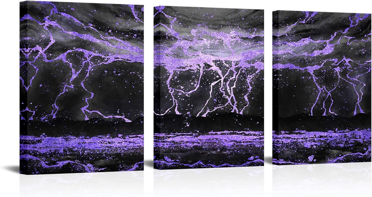 Kalormore Abstract Black Purple Gold Pictures for Wall Decor Cool Nature Lightning Strikes Stormy Ocean Canvas Wall Art for Living Room Home Office Bedroom Wall Decoration