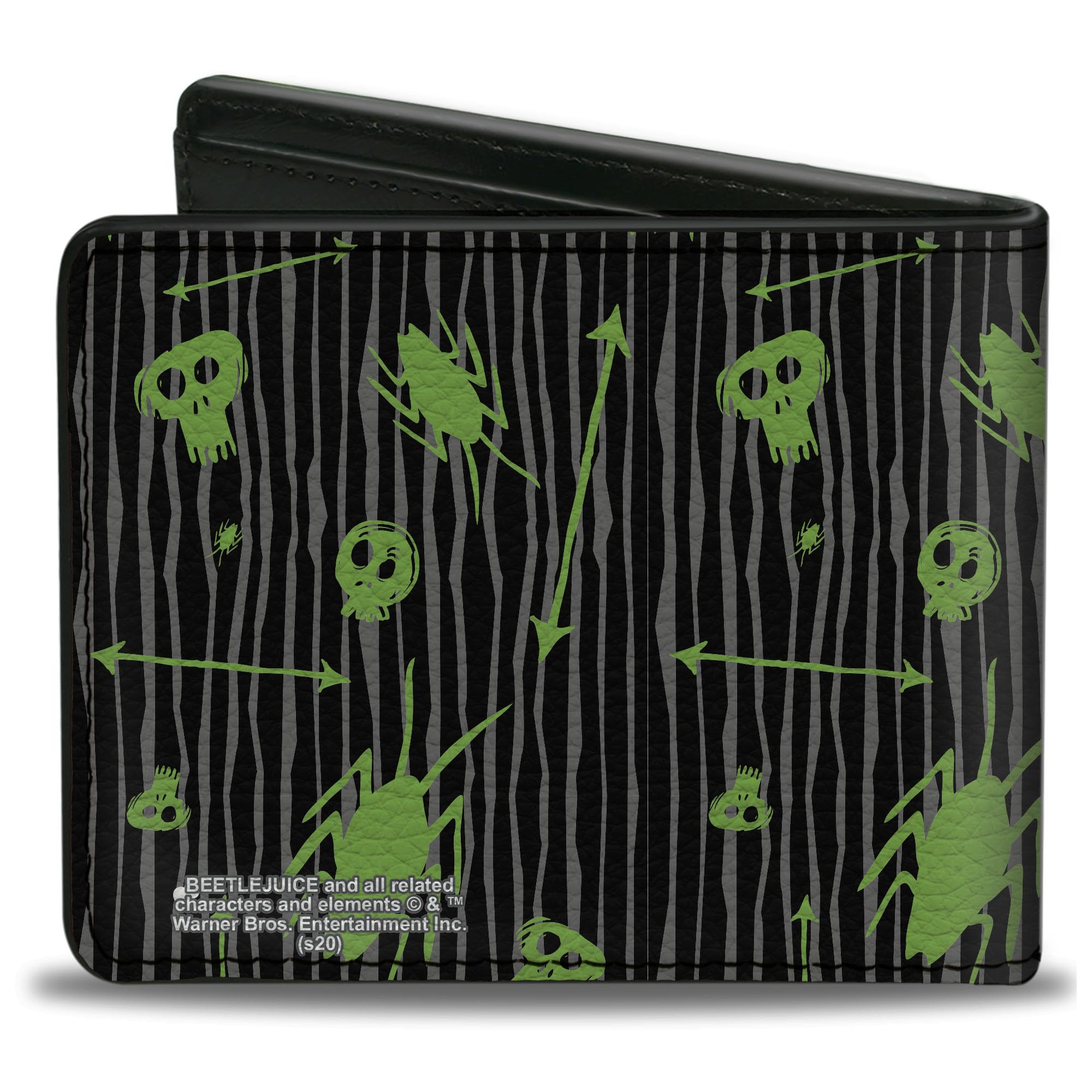 Buckle-Down Men's Horror Movies Wallet, Bifold, Beetlejuice Roach Skull Doodles Black Gray Green Purple, Vegan Leather, 4.0
