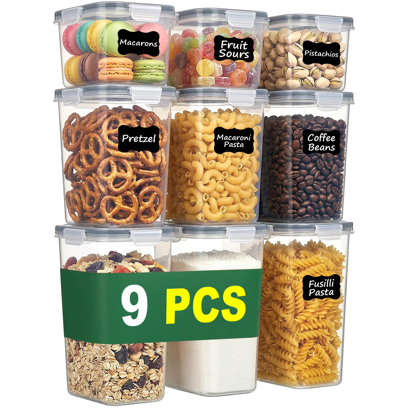 Recipientes herméticos para alimentos con tapa, 9 unidades, tapers para comida hermético, botes cocina almacenaje, tarros y tupers herméticos de plástico, ideal para harina, arroz, pasta y cereales