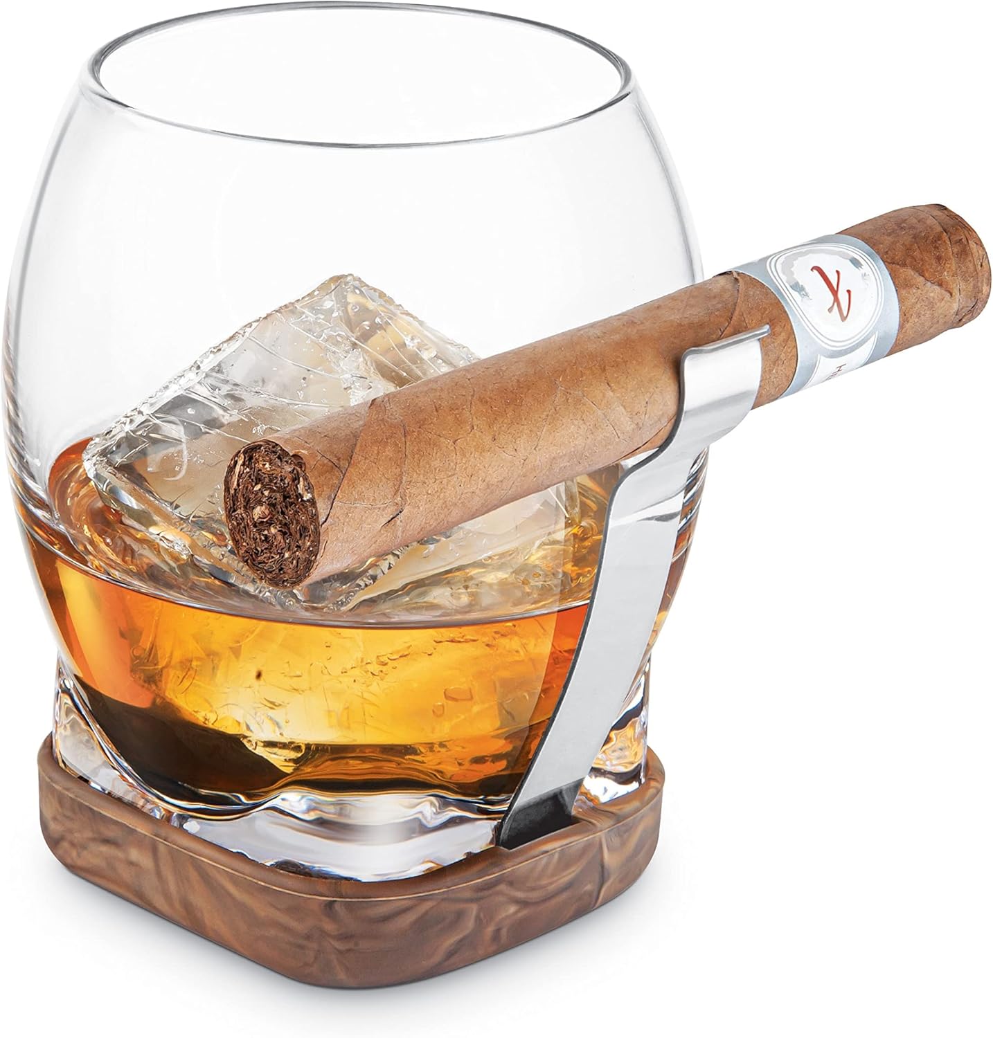 Final Touch Whiskey Cigar Glass - Enjoy Whiskey and Cigar Together with Built-In Grip | Adjustable Size, Enhanced Aromas, Non-Slip Coaster Base (GS130)