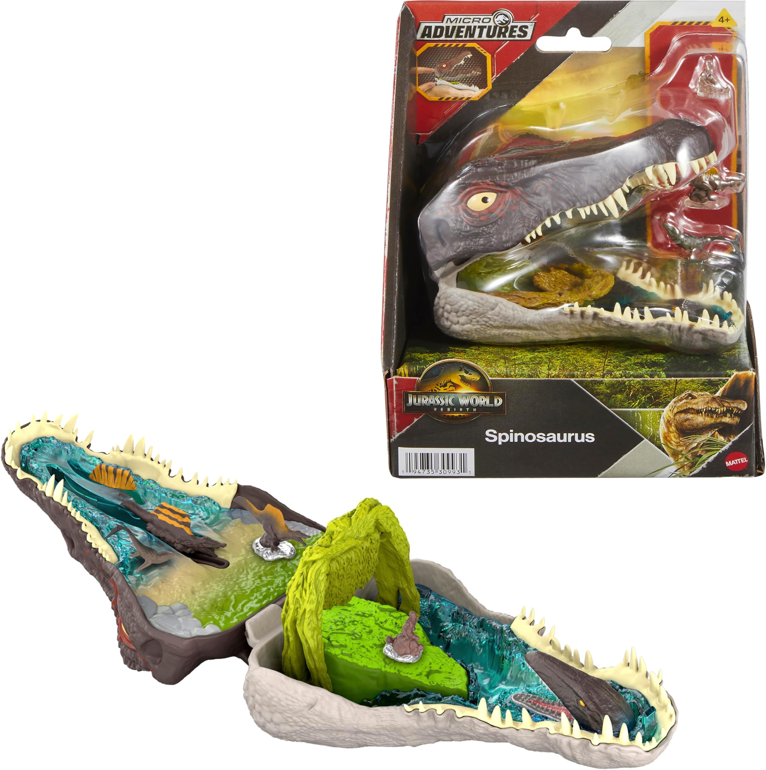Mattel Jurassic World Rebirth Micro Adventure Playset, Spinosaurus Head Opens to 4 Interactive Features, 3 Micro Figures, Dinosaur Toy