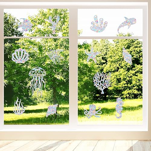 Miniatura 4 de 16 calcomanías para ventana de océano, anticolisión para prevención de golpes de pájaros, atrapasoles prismáticos no adhesivos, reutilizables,