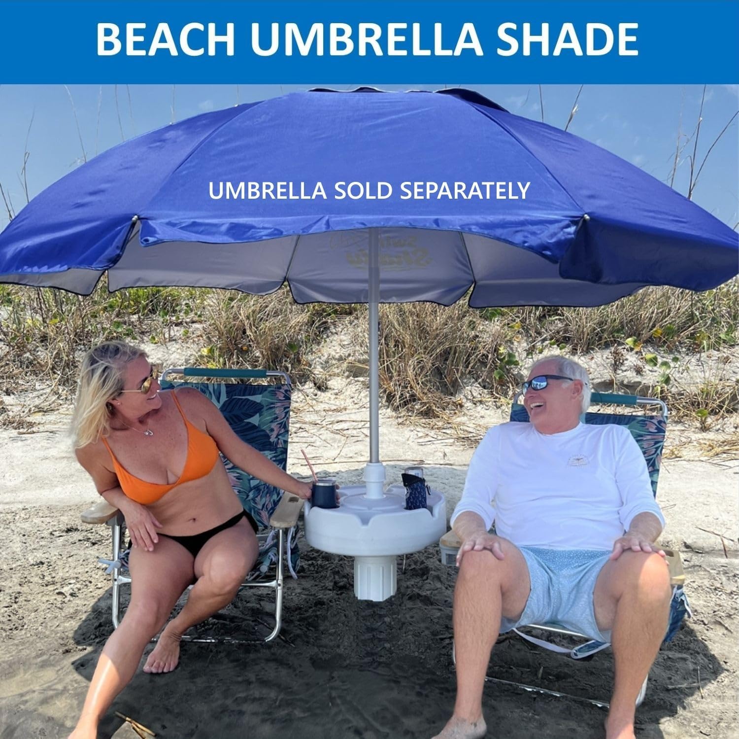 The floating umbrella stand and food and beverage table. 6 cupholders for drinks and snacks. Provides up to 30 pound counterweight! Works with umbrella shades up to 4 pounds in weight