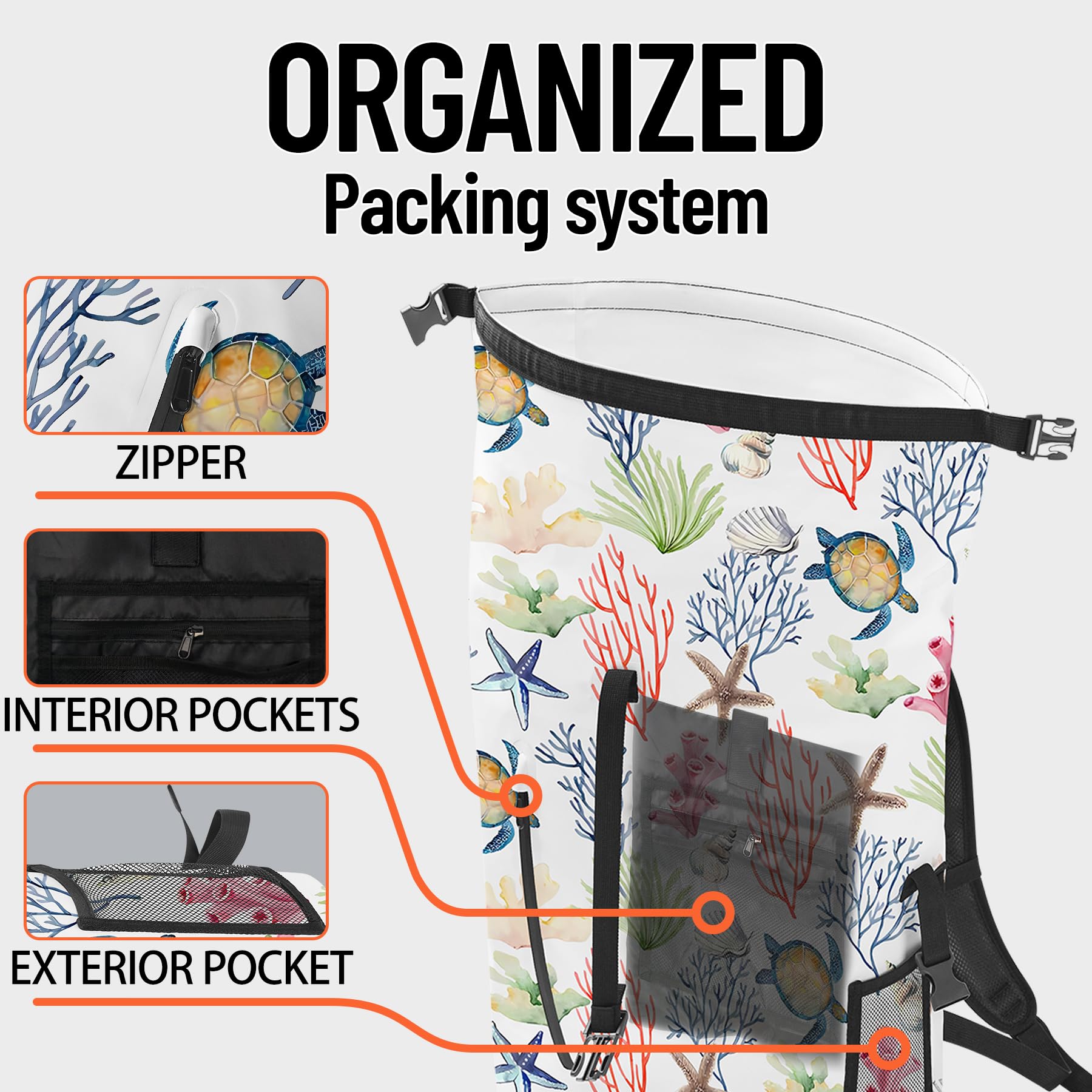 Bolsa seca impermeable resistente para kayak, senderismo, tortuga marina, coral, náutica, estrella de mar, mochila con cierre enrollable, funda impermeable para teléfono 35L/55L/85L