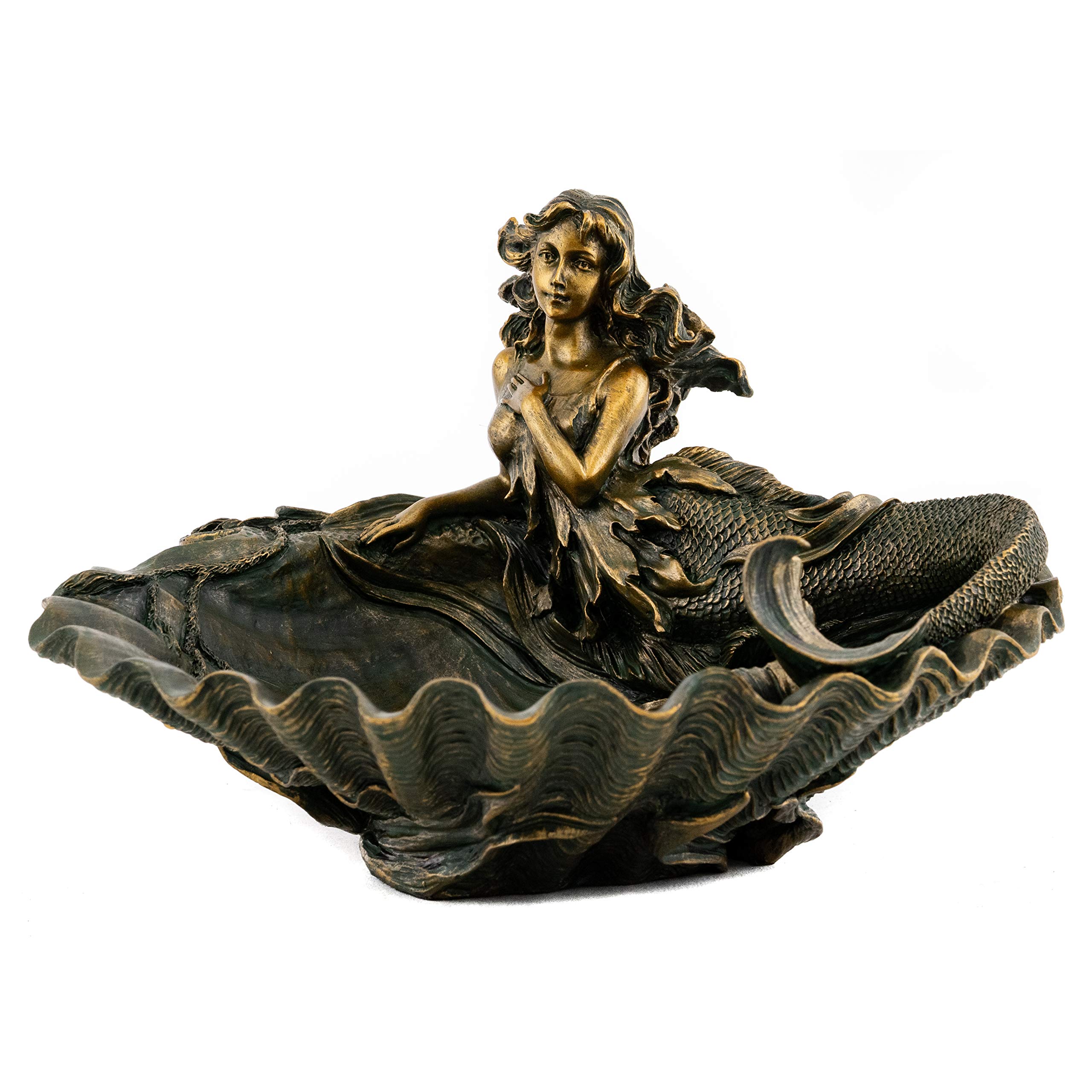 7.5 Inch Cold Cast Bronze Mermaid Seated in Shell Jewelry Tray by TLT