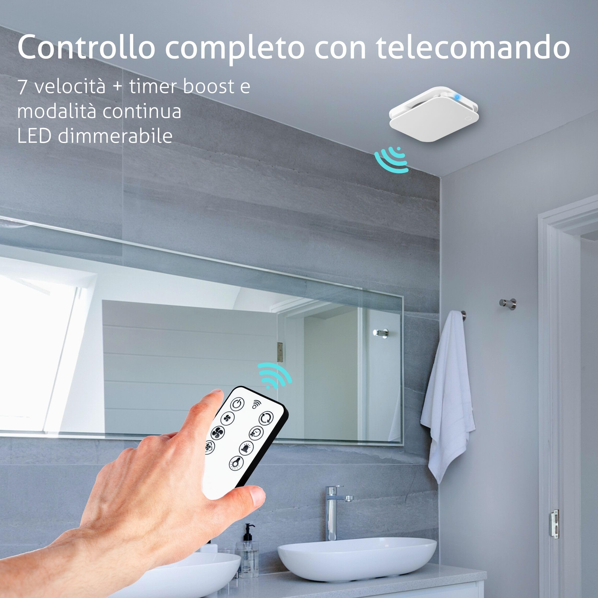 Turbionaire Trend Plus 100 WM Ventilatore, Estrattore per Bagno,100mm, Telecomando, Multifunzione, 22dB, Max. 5.7W, 7 Velocità + Boost, Valvola di Non Ritorno, Timer, Garanzia 3 Anni, Aspiratore