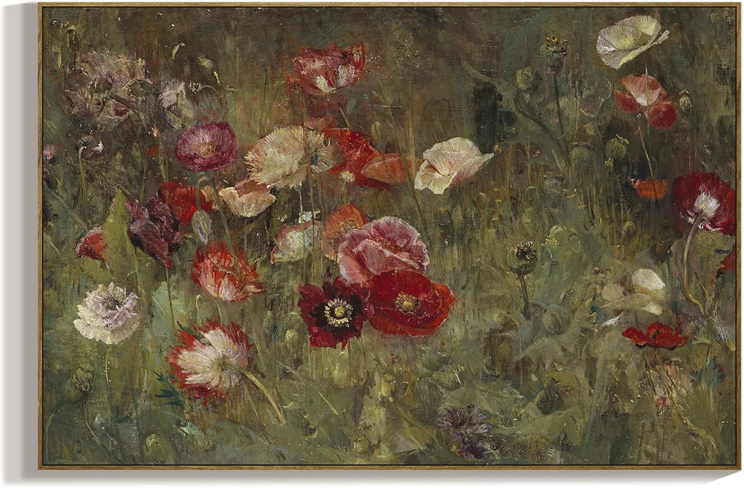 RaphelArt Framed Large Canvas Wall Art Home Decor,Vintage Flower Poppies Cottagecore Decor,Dark Moody Floral Farmhouse Painting Canvas Wall Art Decor for Living Room,Office,Bedroom,Bathroom,24''x36''