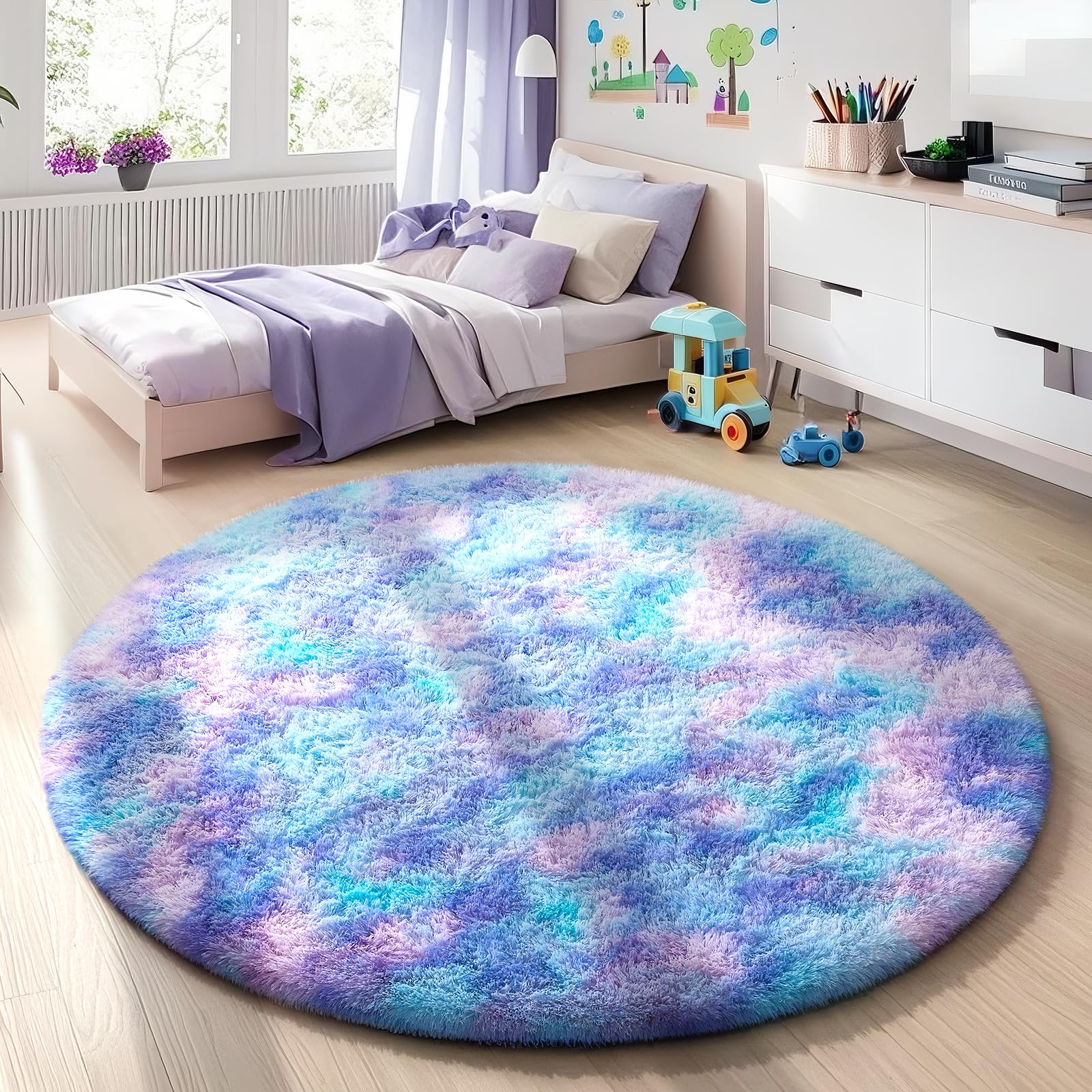 Ophanie Round Rug 4Ft Tie-Dye Rainbow Purple Circle Area Rug, Fluffy Fuzzy Bedroom Carpet,Plush Soft Shaggy Indoor Floor Colorful Living Room Rugs for Kids Home Decor Aesthetic with 99 pcs Pile fibers