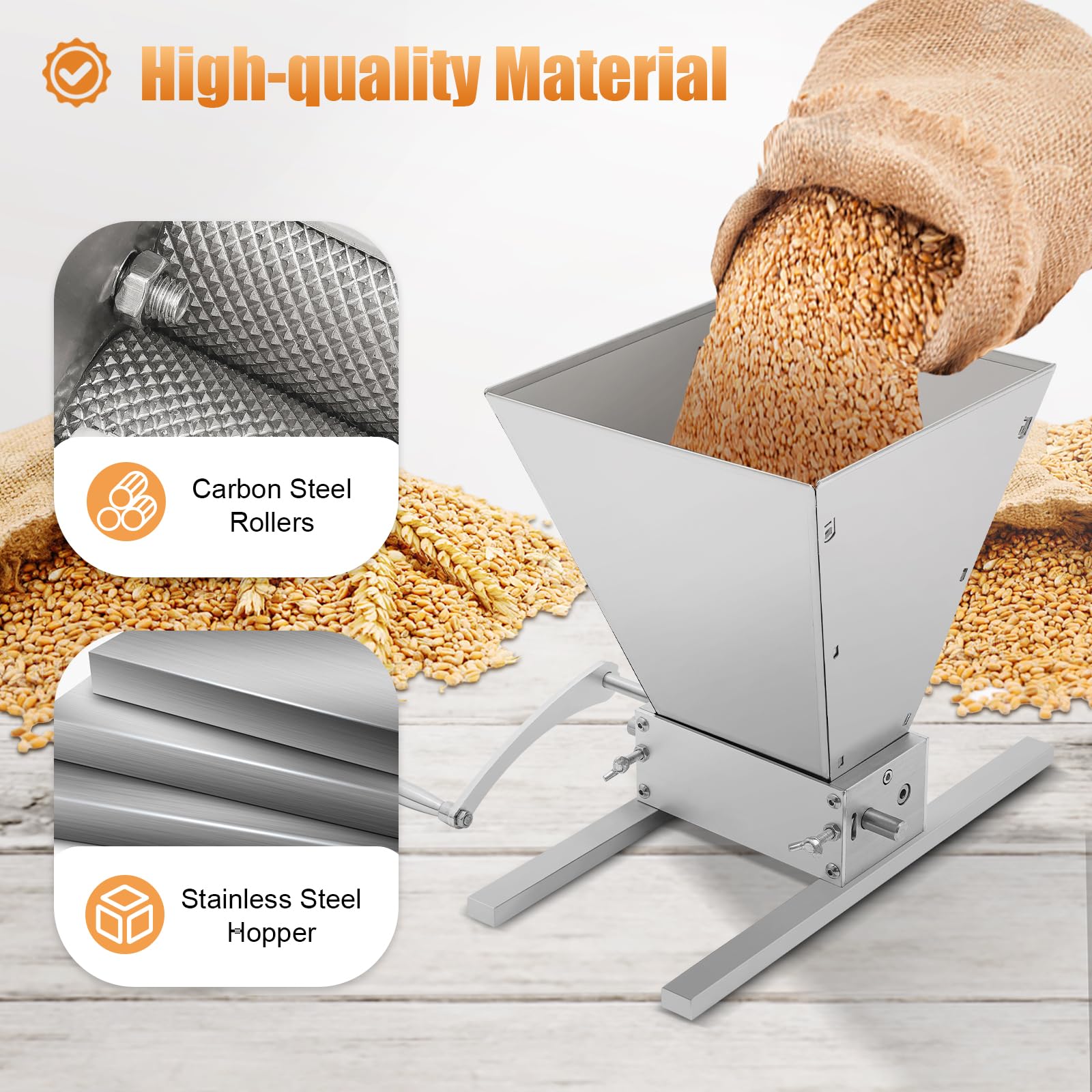 Grain Mill Brewing for Grain Malt Barley, Grain Crusher Grinder Grain Mill with Metal Base and Handle Multi-functional Grinder with 11LBS Hopper and 2 Roller
