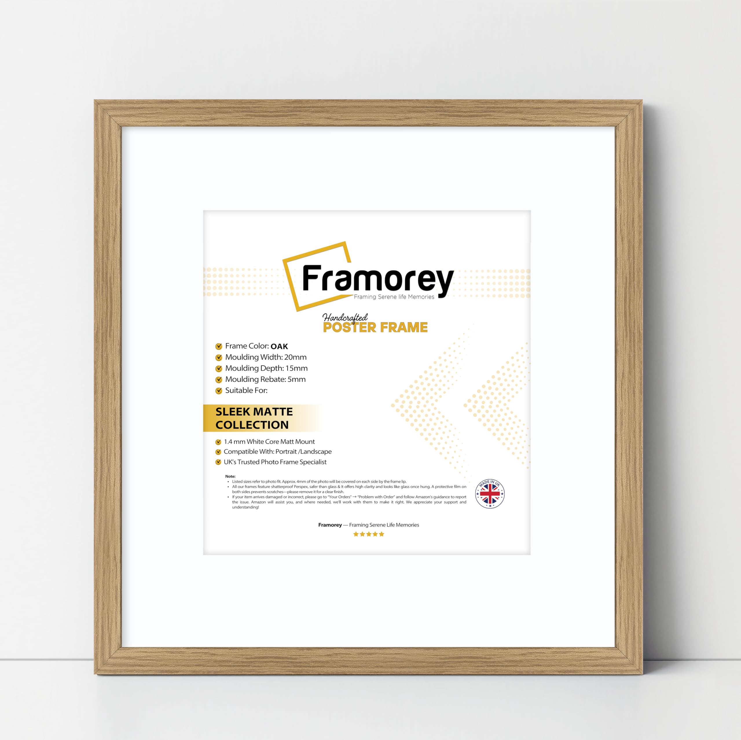 Framorey Framing Serene Life Memories Oak With White Framorey Square Size Thin Matt Photo, Handmade Flat Thin Picture Frame, 11X11" Size Oak Picture Frame With 9X9" Size White Mount, Photo Print Frames