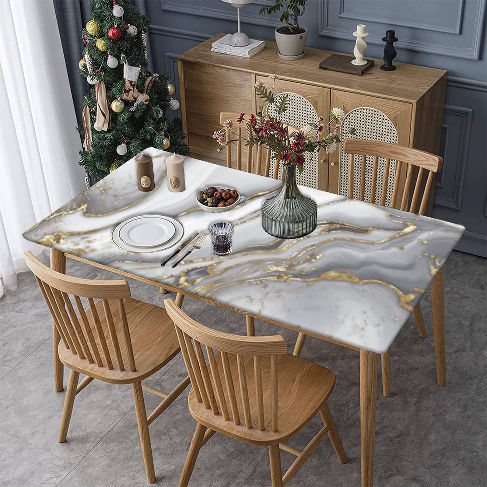 XISUNYA Marble Elastic Fitted Polyester Tablecloth, 36