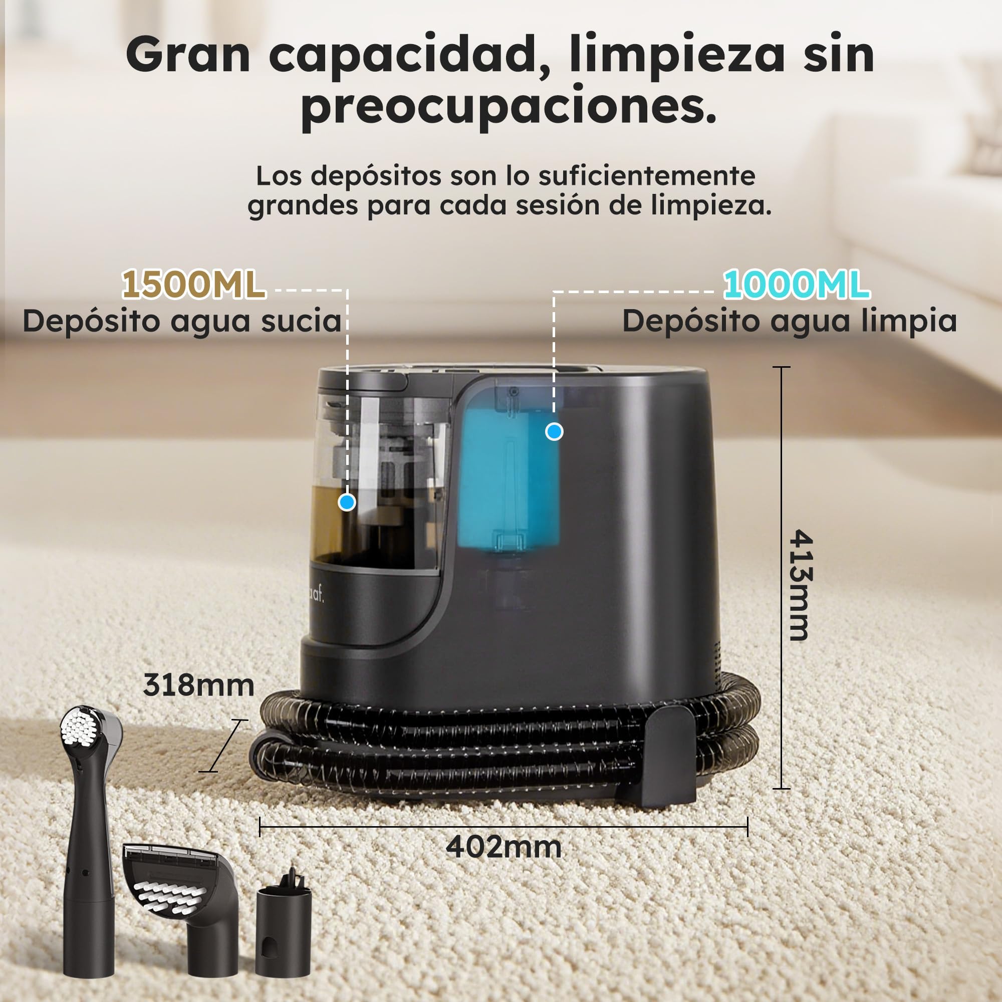 Saaf Limpiador de Manchas – Set de 7 Piezas – Función Vapor hasta 100°C – Alfombras y Sofás – Motor Potente 1700W – Incluye Cepillo Alfombra, Cepillo Precisión & Limpiacristales – Negro