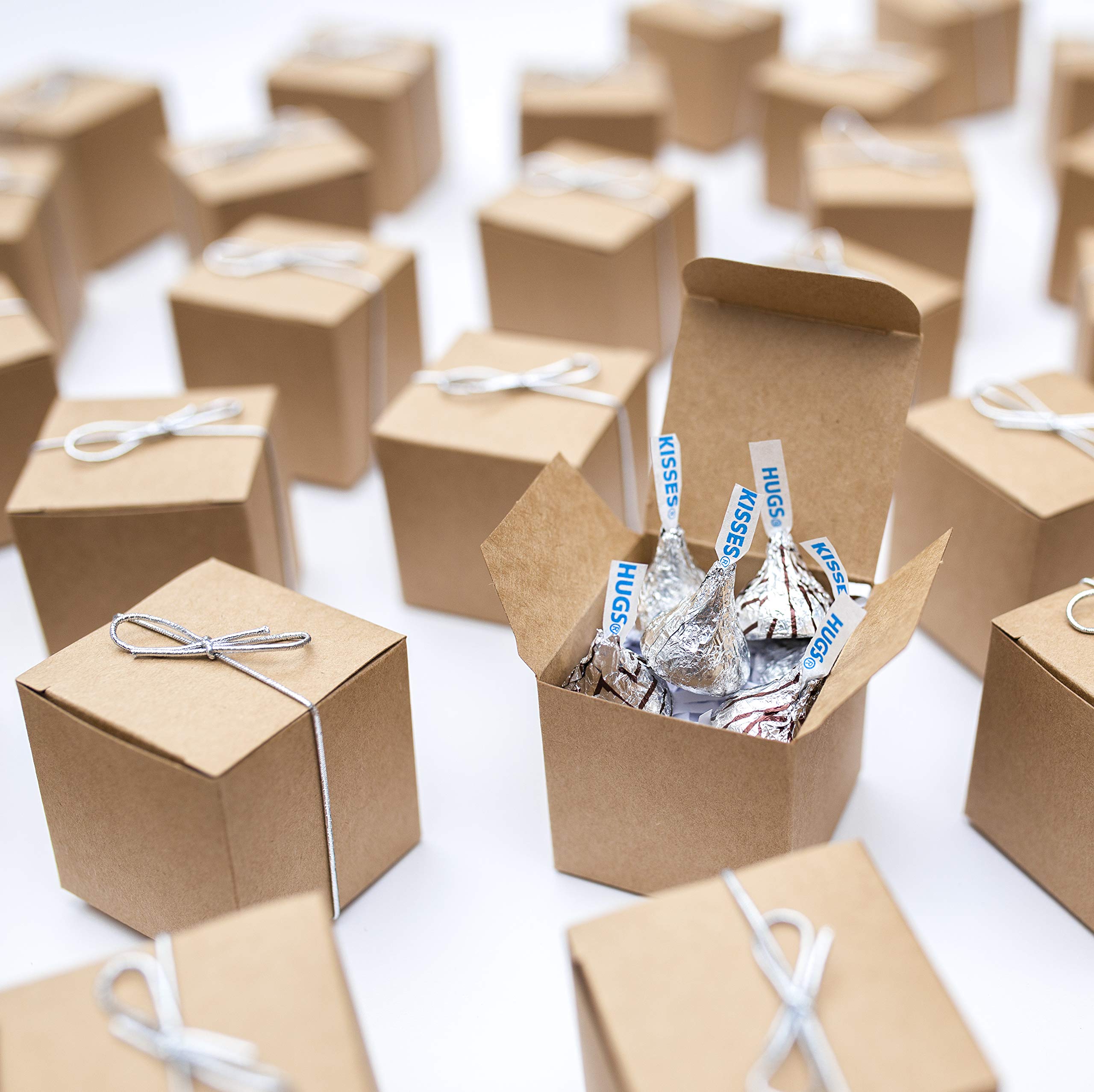 50-Piece 2-Inch Kraft Gift Boxes With Silver Bows - Mini Christmas Party Favor Boxes