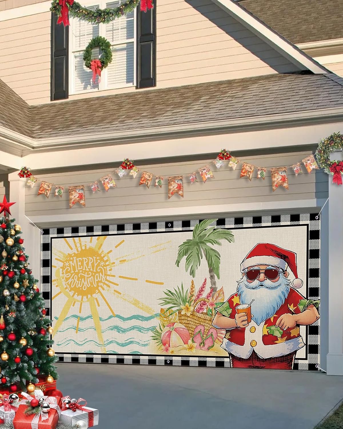 Garage Door Banner 84x192in,Merry Christmas Santa Claus Beach Vacation Large Garage