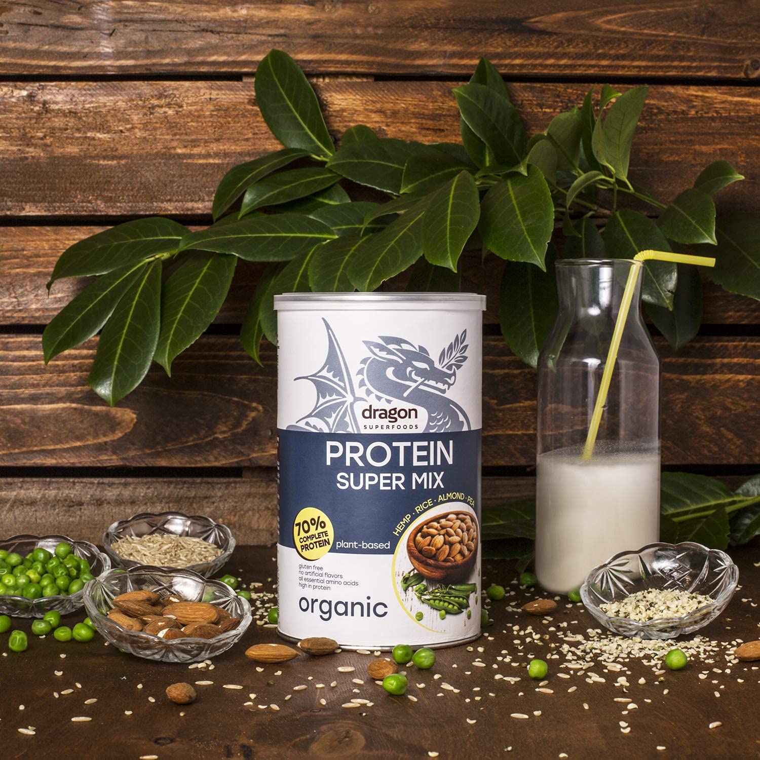 Dragon Superfoods Super Mix Protein Powder for Optimum Nutrition. Rice, Pea, Hemp, Almond Protein Mix - 100% Bio Organic, Soy and Gluten Free Vegan Protein - 500gr (30 servings).