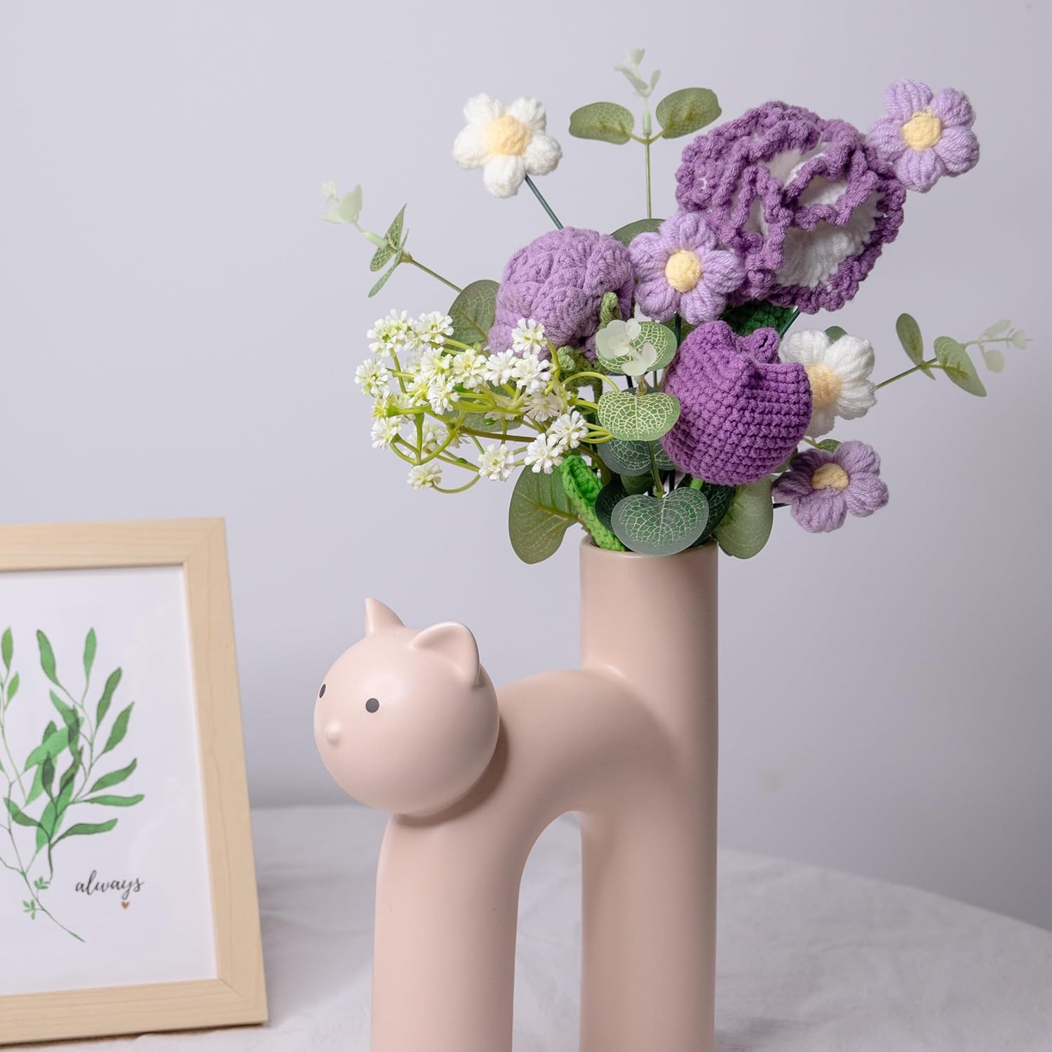 YSHomy Crochet Flowers, Crochet Flower Bouquet with Purple Rose, Tulips, Carnation,Forever Flowers Gift for Mom, Mother’s Day Birthday Graduation Gift,Include Card