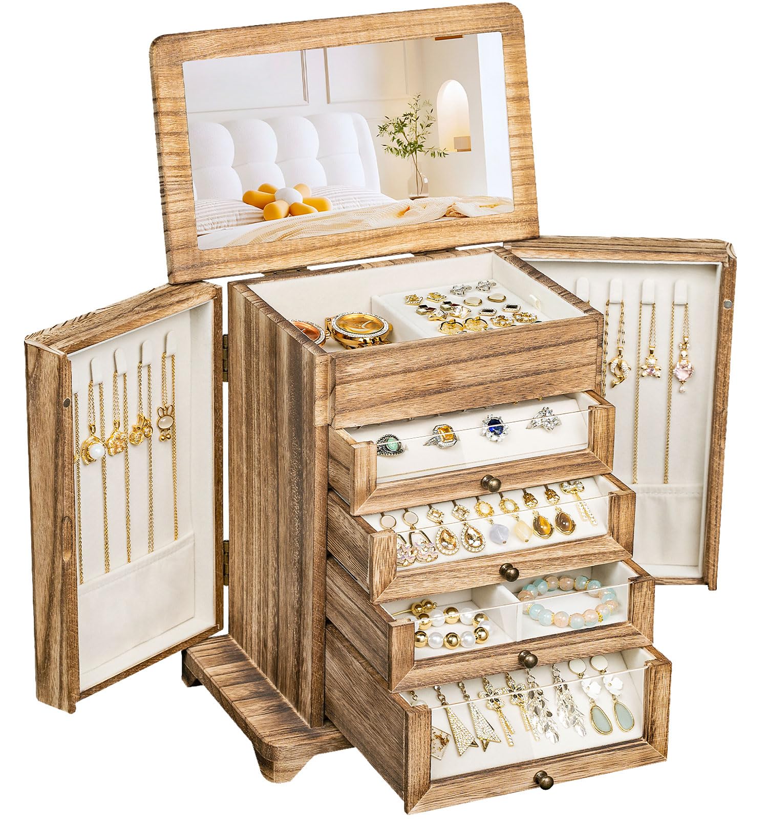 Große Schmuckschatulle und Organizer für Damen,für Halsketten Ohrringe Armbänder Ringe, 4 Ebenen Schmuck Organizer Schmuckbox mit Schubladen und Spiegel (Braun)