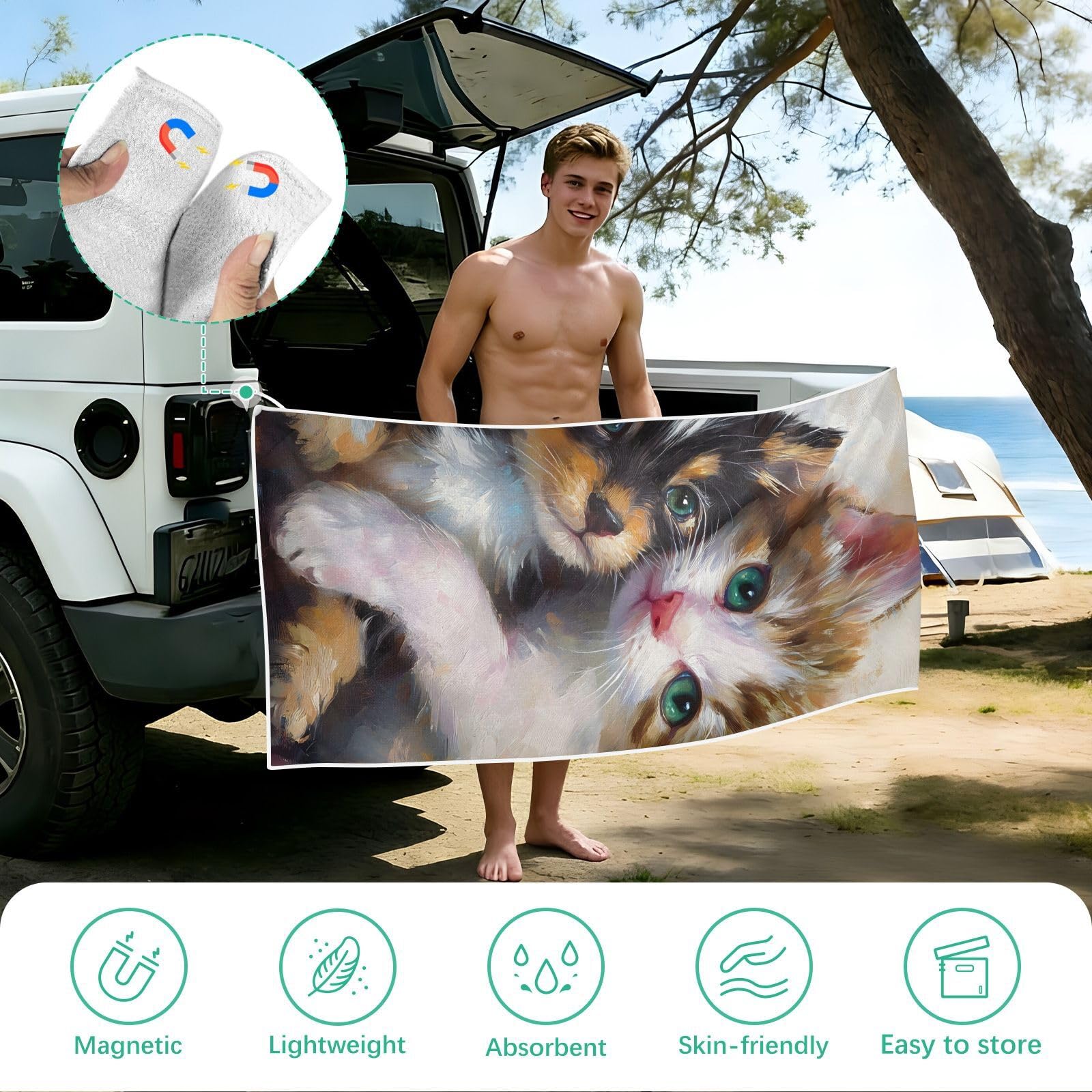 Toallas de playa grandes con bolsas de malla para adultos, gatos y perros, toalla de baño con cierre magnético, toalla absorbente de secado rápido para piscina, camping y viajes, 190 x 80 cm