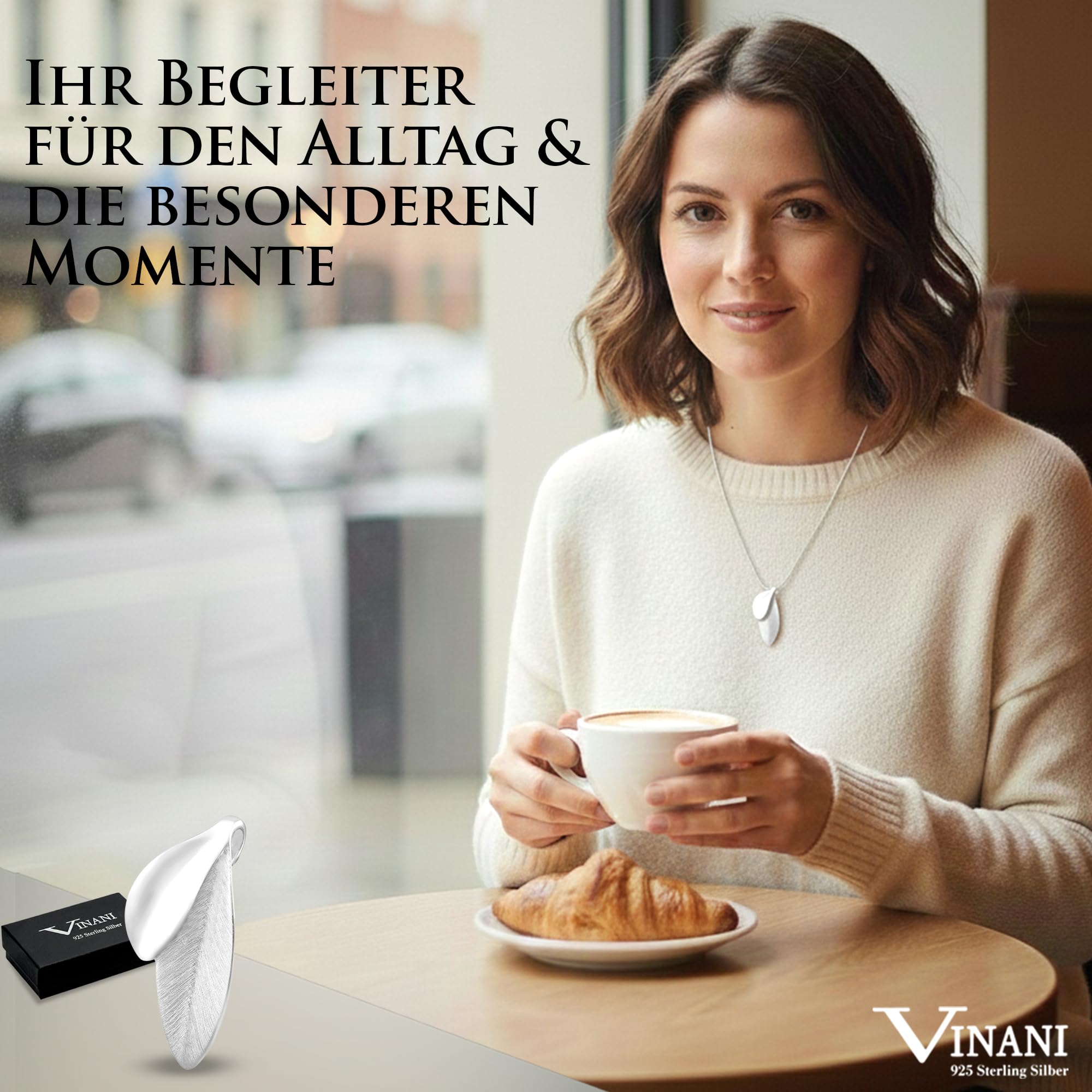 Vinani Kettenanhänger 925 Sterling Silber Blattform für Damen, ABH-EZ | Gebürstete Oberfläche, antiallergisch, nickelfrei, deutsches Design, ideal für empfindliche Haut und vielseitige Looks