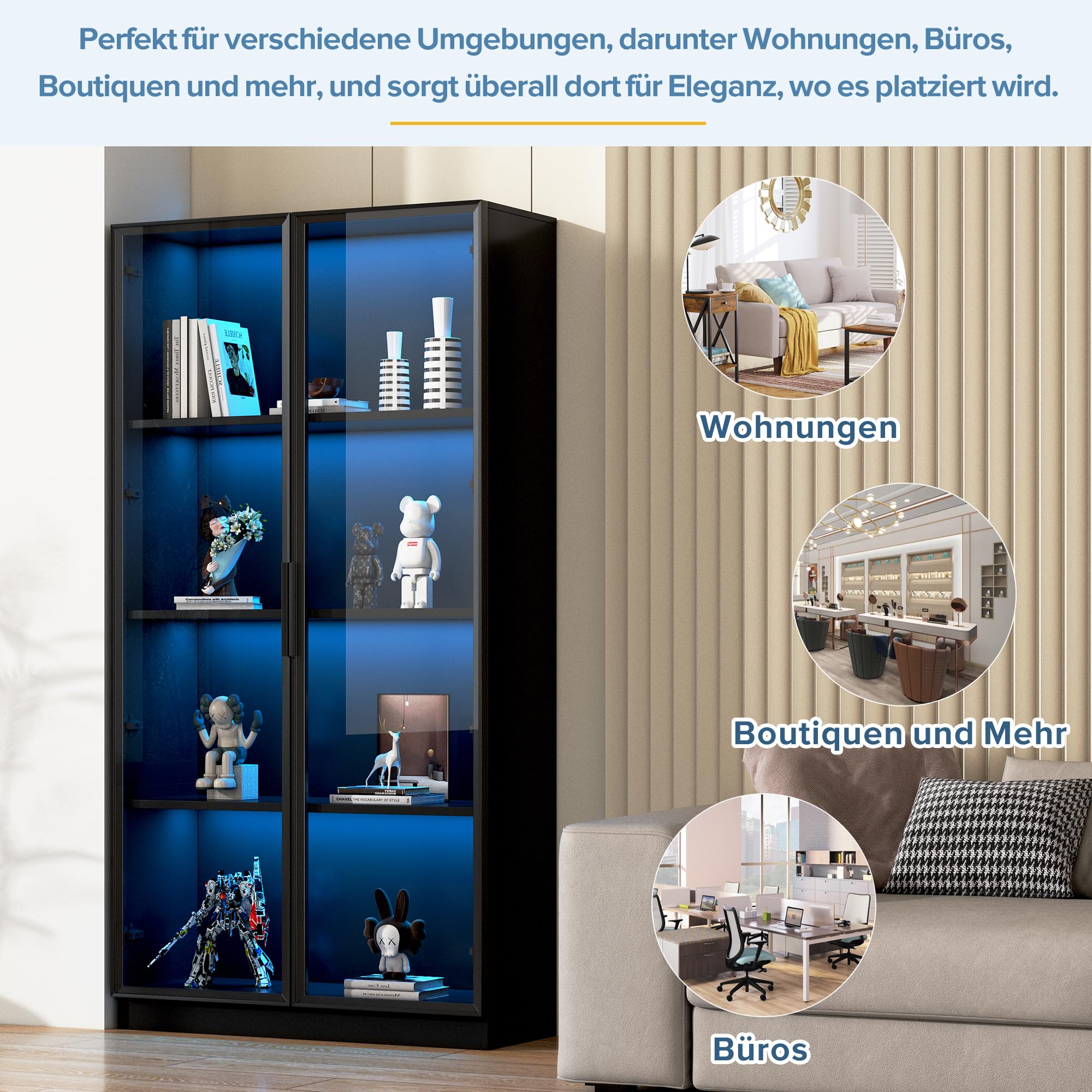 Glasvitrine mit APP LED Beleuchtung 80x40x160cm | Doppeltürige Standvitrine Schwarz | Wohnzimmer Vitrinenschrank | Verstellbare Böden | Smart Home Deko (Black-B)