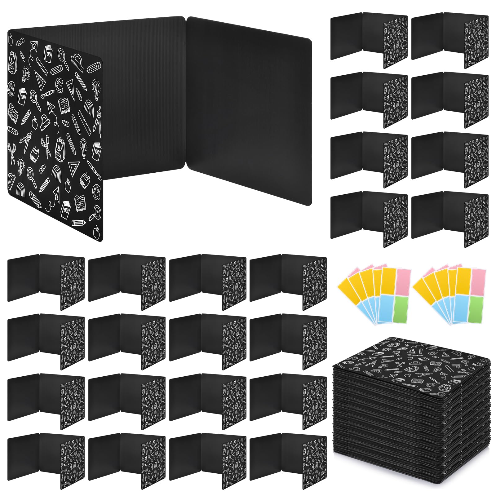 24 Pack Black Printing Privacy Floders for Student Desks - Durable Plastic Erasable - Testing Dividers for Classroom - Easy Clean Privacy Shields for