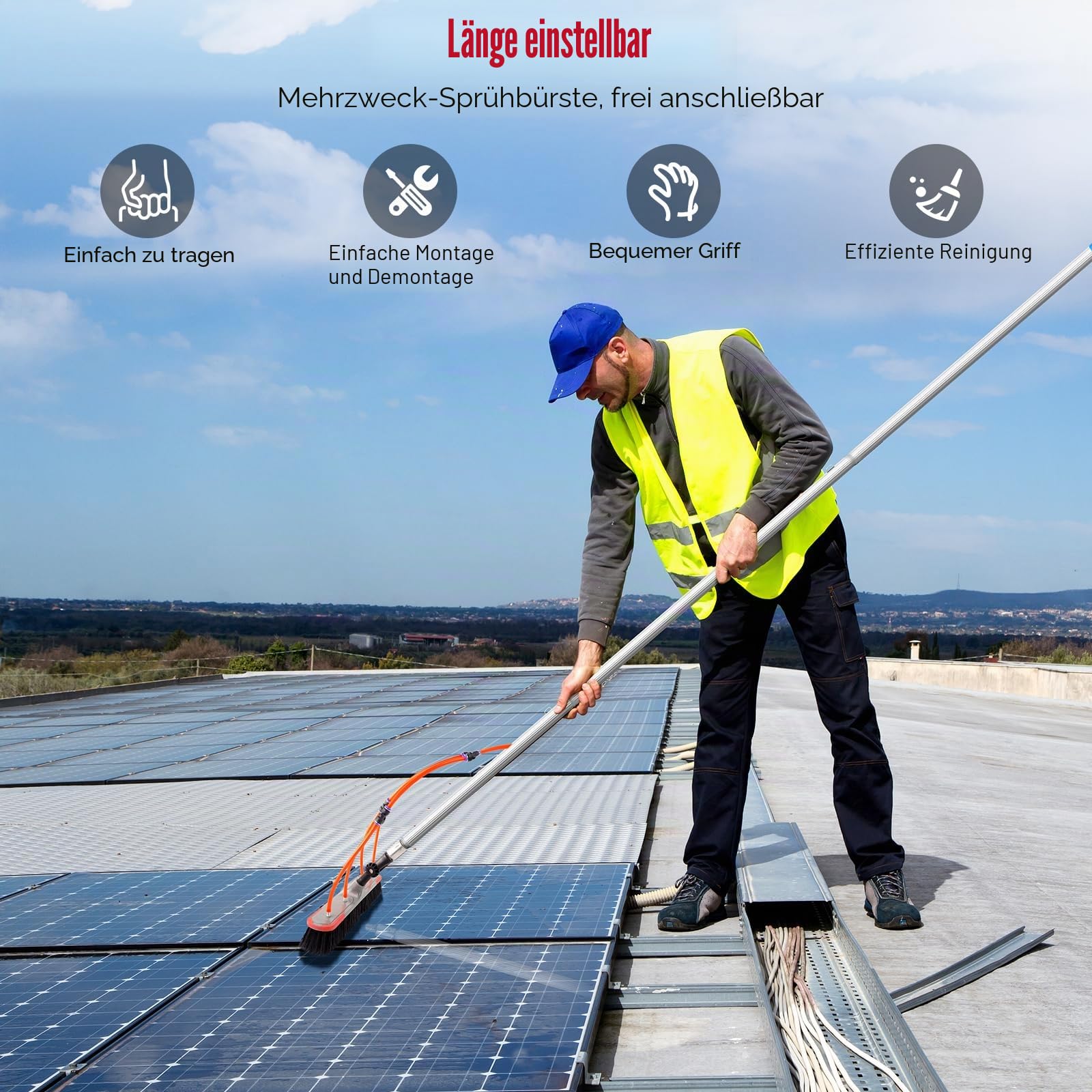 7m Aluminium-Teleskop-Reinigungsbürste mit Wasserschlauch für Solarpanele, Terrassendächer & Fenster, 180° verstellbarer Bürstenkopf, langlebig & platzsparend