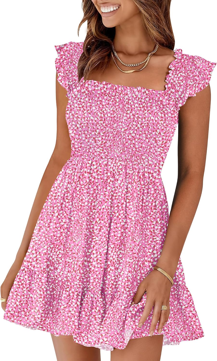 Prinbara Womens Summer Casual Square Neck Smocked Short Sundress 2025 Spring Beach Vacation Flowy Cute Teen Boho Dresses