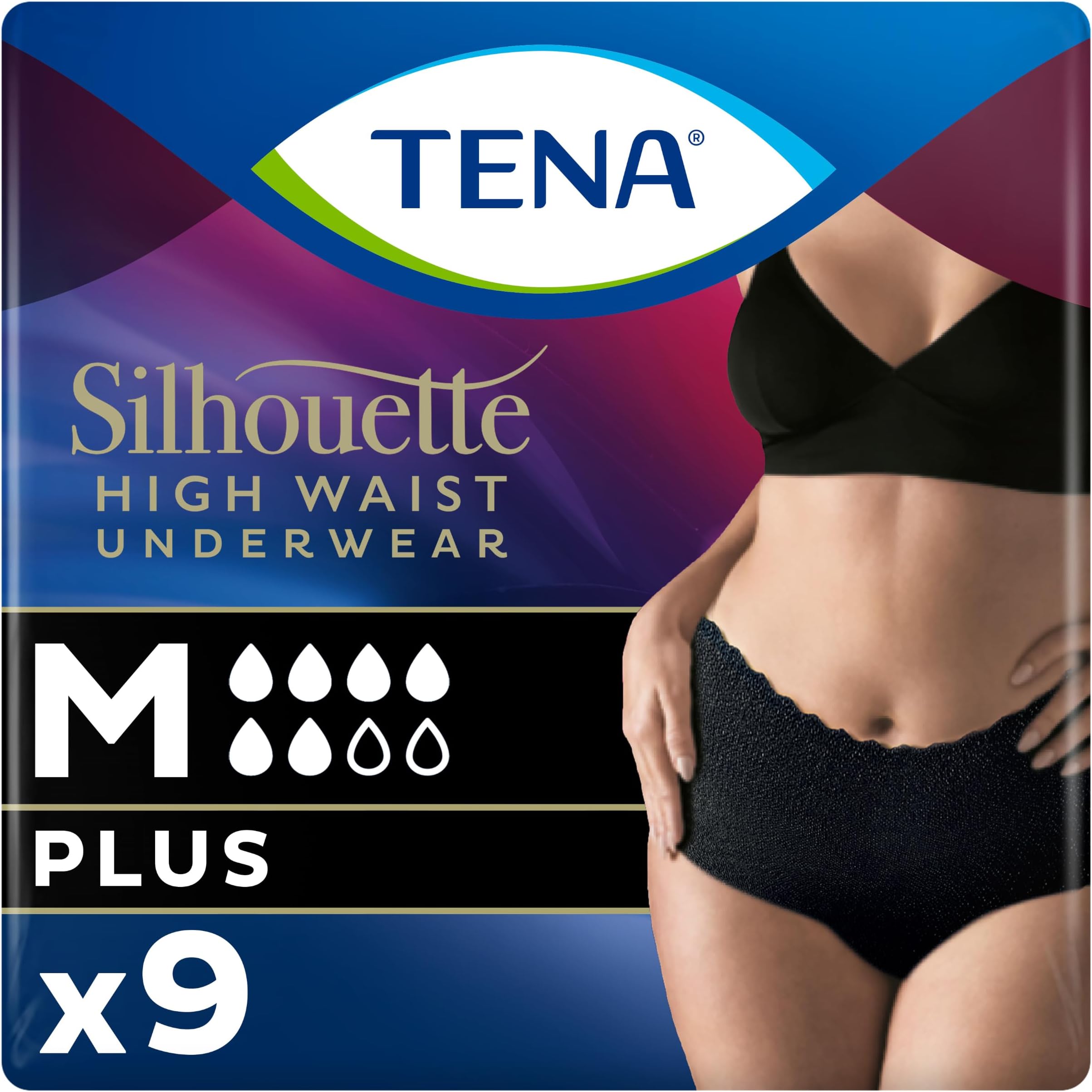 Tena Silhouette High Waist Underwear Plus Black Medium, Pack of 9