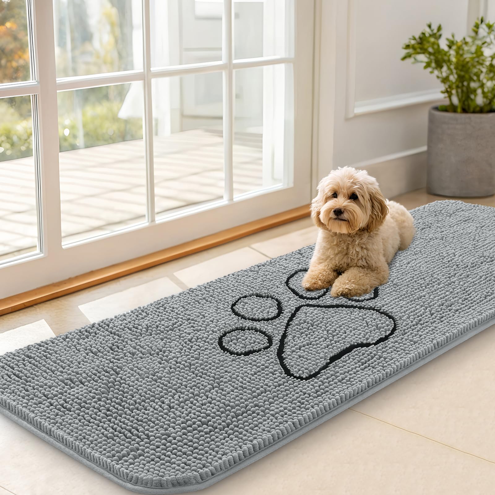 OLANLY Dog Door Mat for Muddy Paws 59x20, Paw Print Design Chenille Mud Mat
