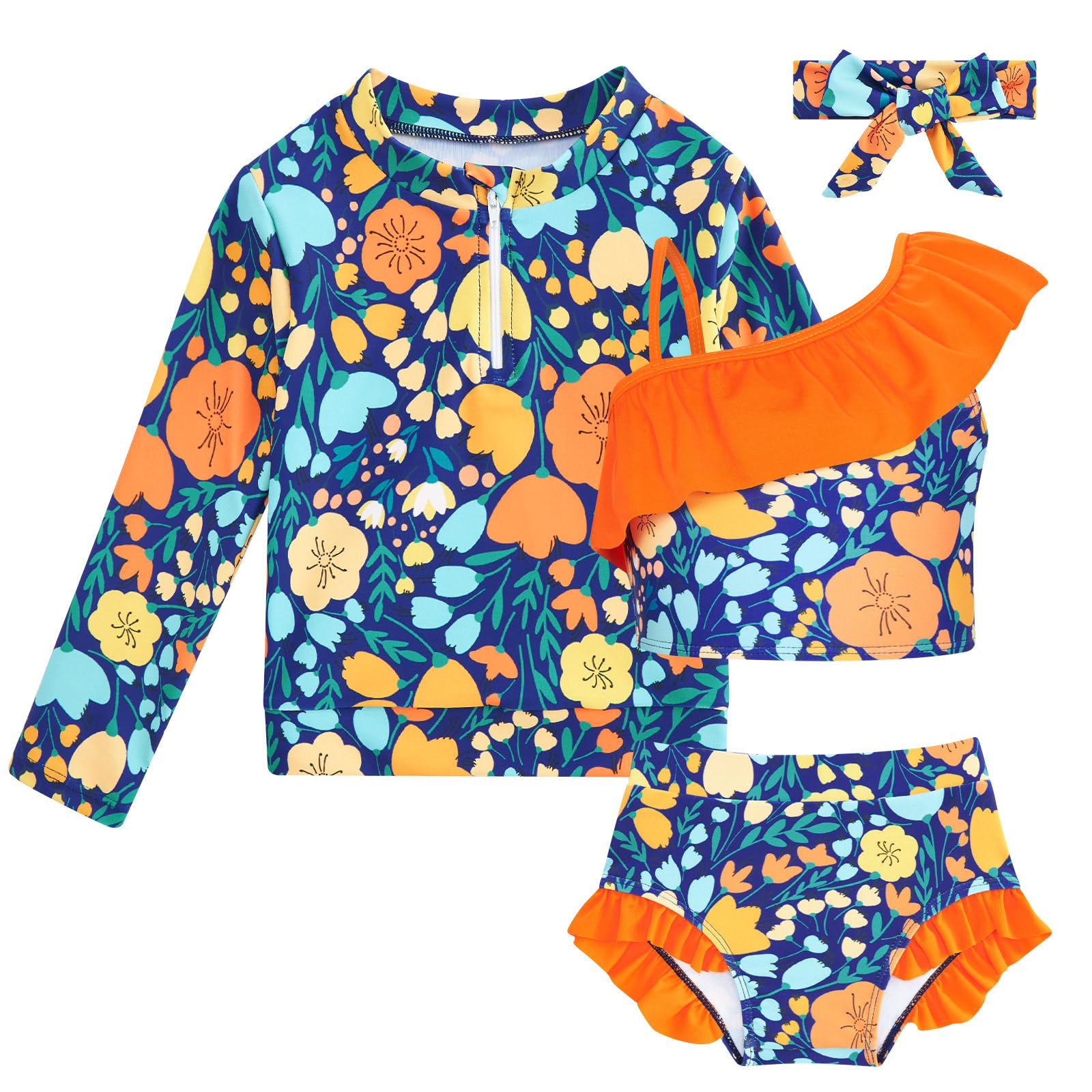 Funnycokid Baby Toddler Girls Swimsuit 4 Piece Bathing Suit Long Sleeve Rash Guard Sets 12 Months-7 Years