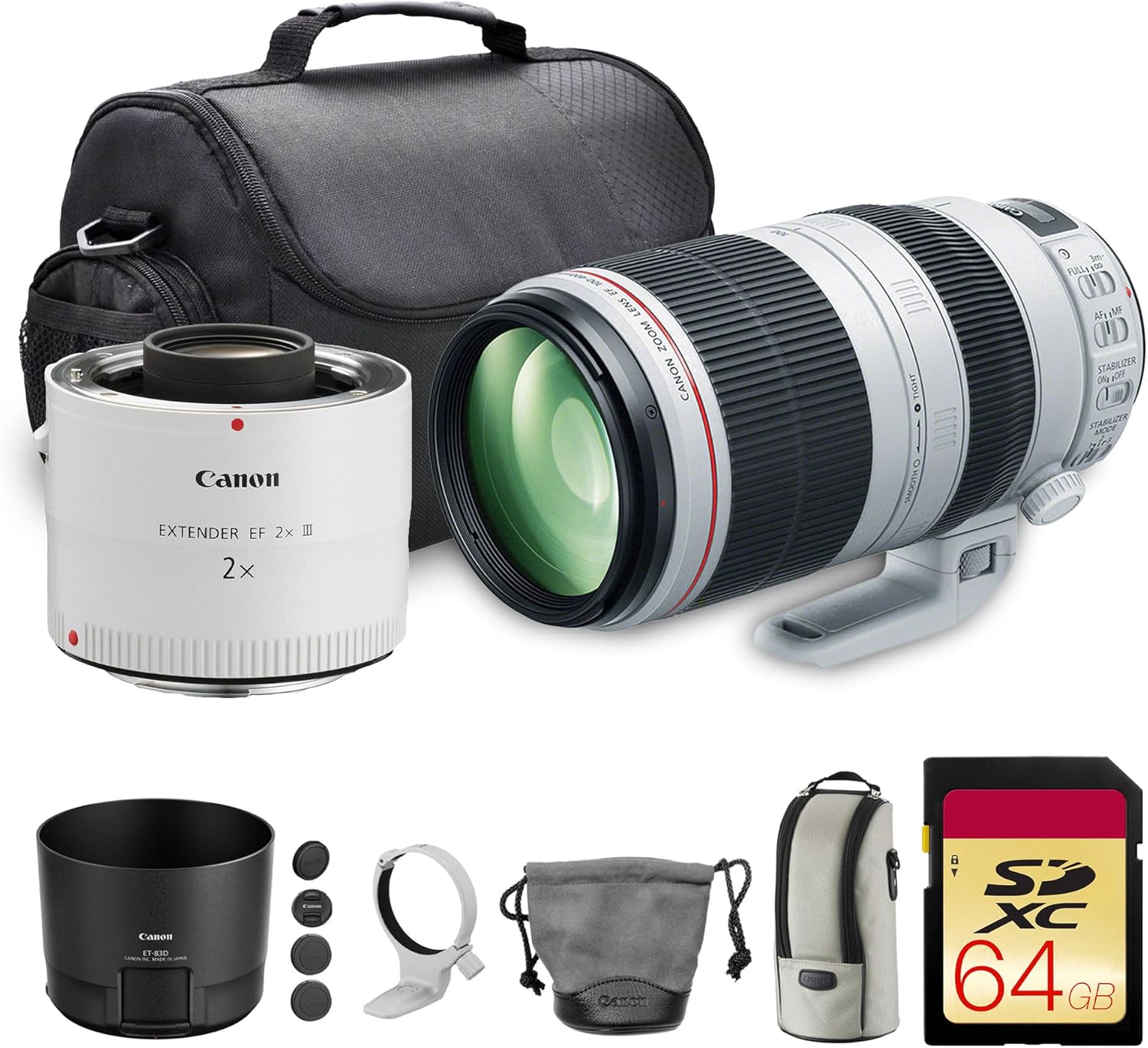 Canon EF 100-400mm f/4.5-5.6L IS II USM Lens | L-Series Telephoto Zoom with Image Stabilization & Fast Autofocus | Ideal for Sports, Wildlife & Travel (9524B002) + Extender EF 2X III + Bag + 64GB Card