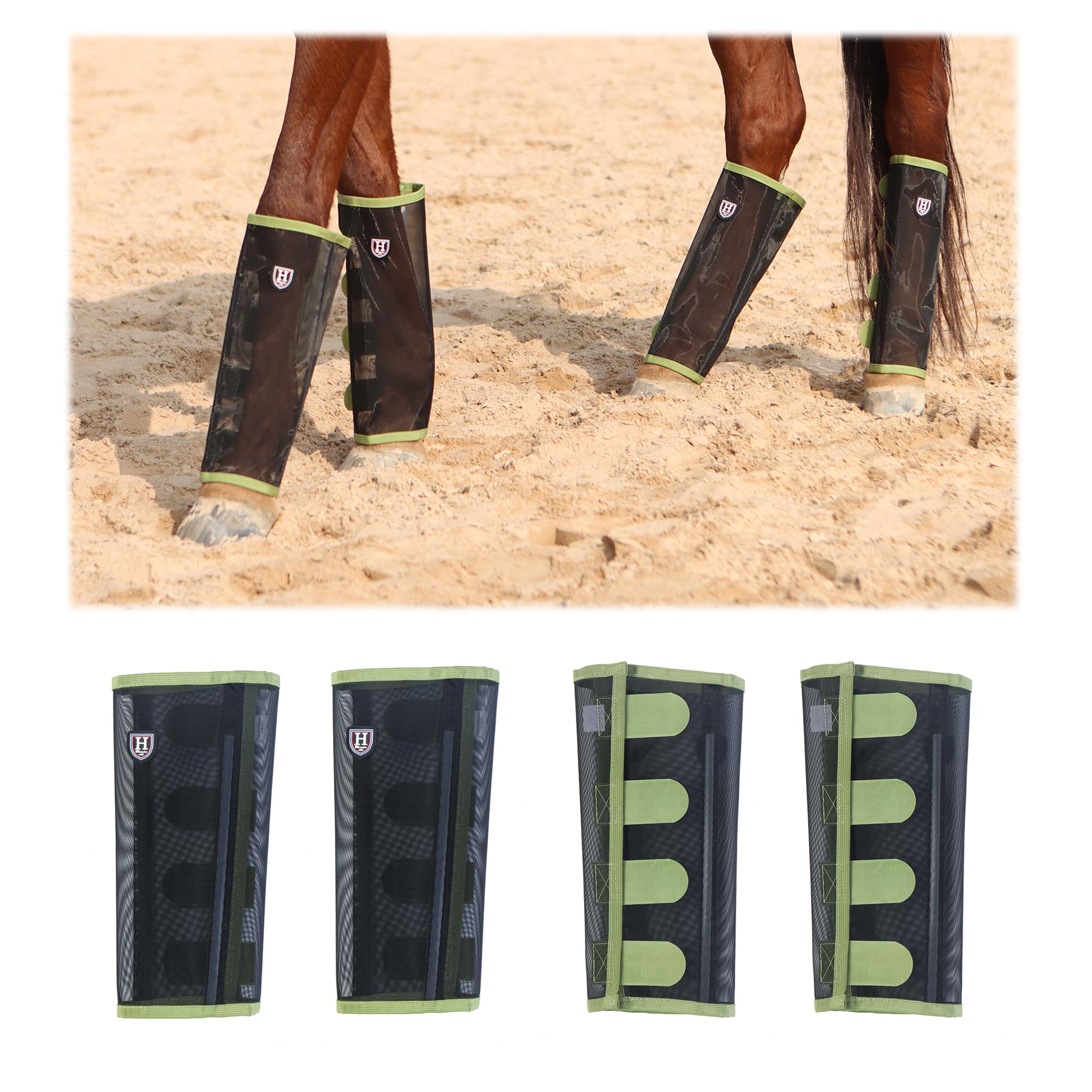 Harrison Howard Loose-Fitting Horse Fly Leggings Breathable, Tear-Resistant Fine Mesh Leg Guards Stay-on Comfortable Fly Boots (Set of 4) Light Olive Pony — image 1