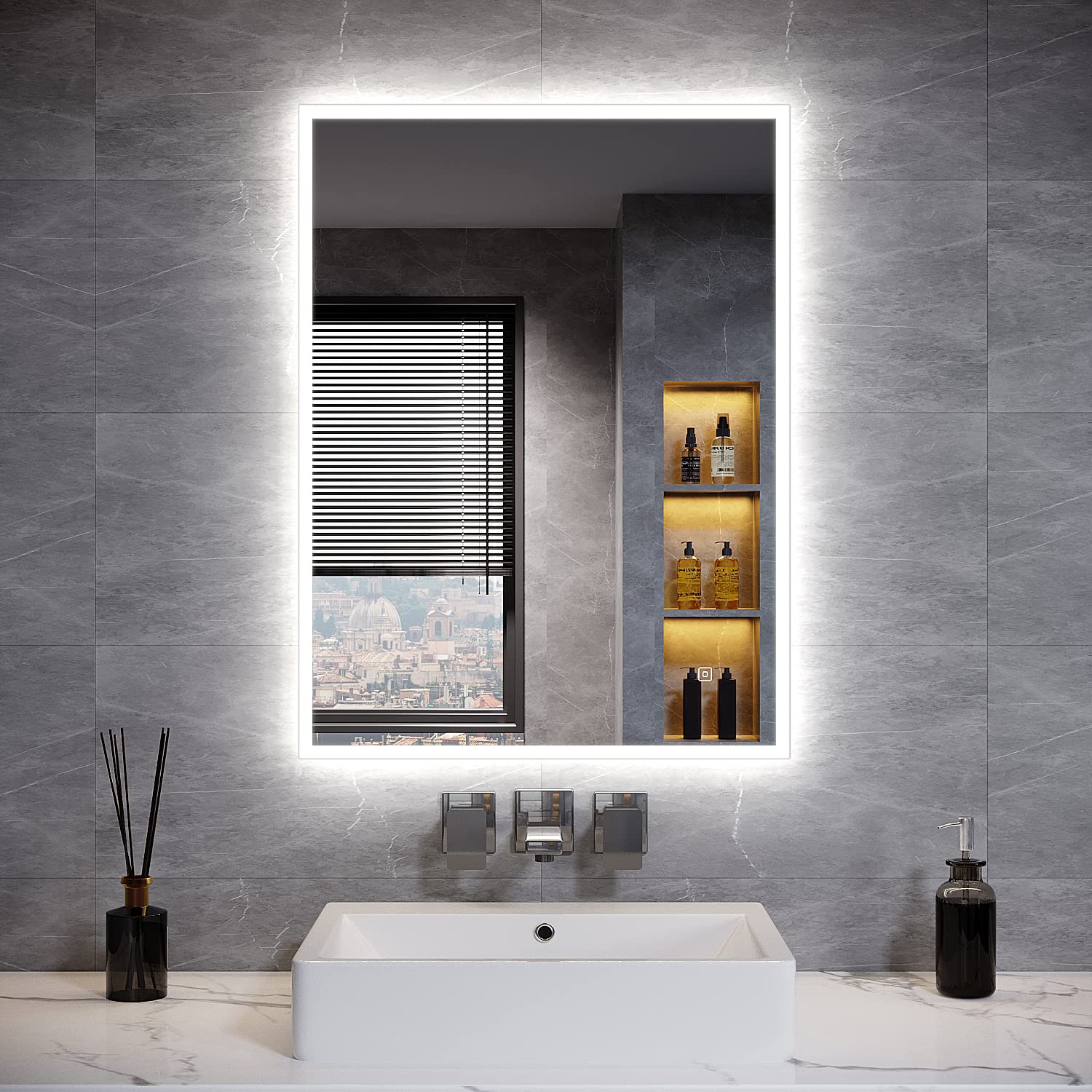 ELEGANT Bathroom Mirror with Shaver Socket 800x600mm Backlit LED Illuminated Bathroom Mirror with 3 Colors Dimmable | Touch Switch | Demister Pad, Vertical & Horizontal