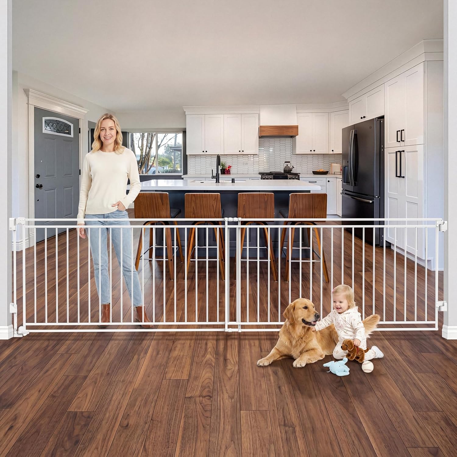 Betertek 58-108" Extra Wide Baby Gate for Large Openings-No Bottom Bar&Extra Wide Walk Thru Door, Chew&Impact Resistant Metal Heavy Duty Dog Gate, Hardware Mount Safety Indoor Extra Long Pet Gate