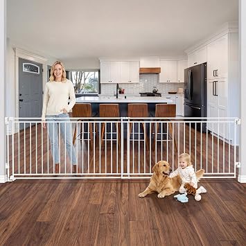 Betertek 58-108" Extra Wide Baby Gate for Large Openings-No Bottom Bar&Extra Wide Walk Thru Door, Chew&Impact Resistant Metal Heavy Duty Dog Gate, Hardware Mount Safety Indoor Extra Long Pet Gate