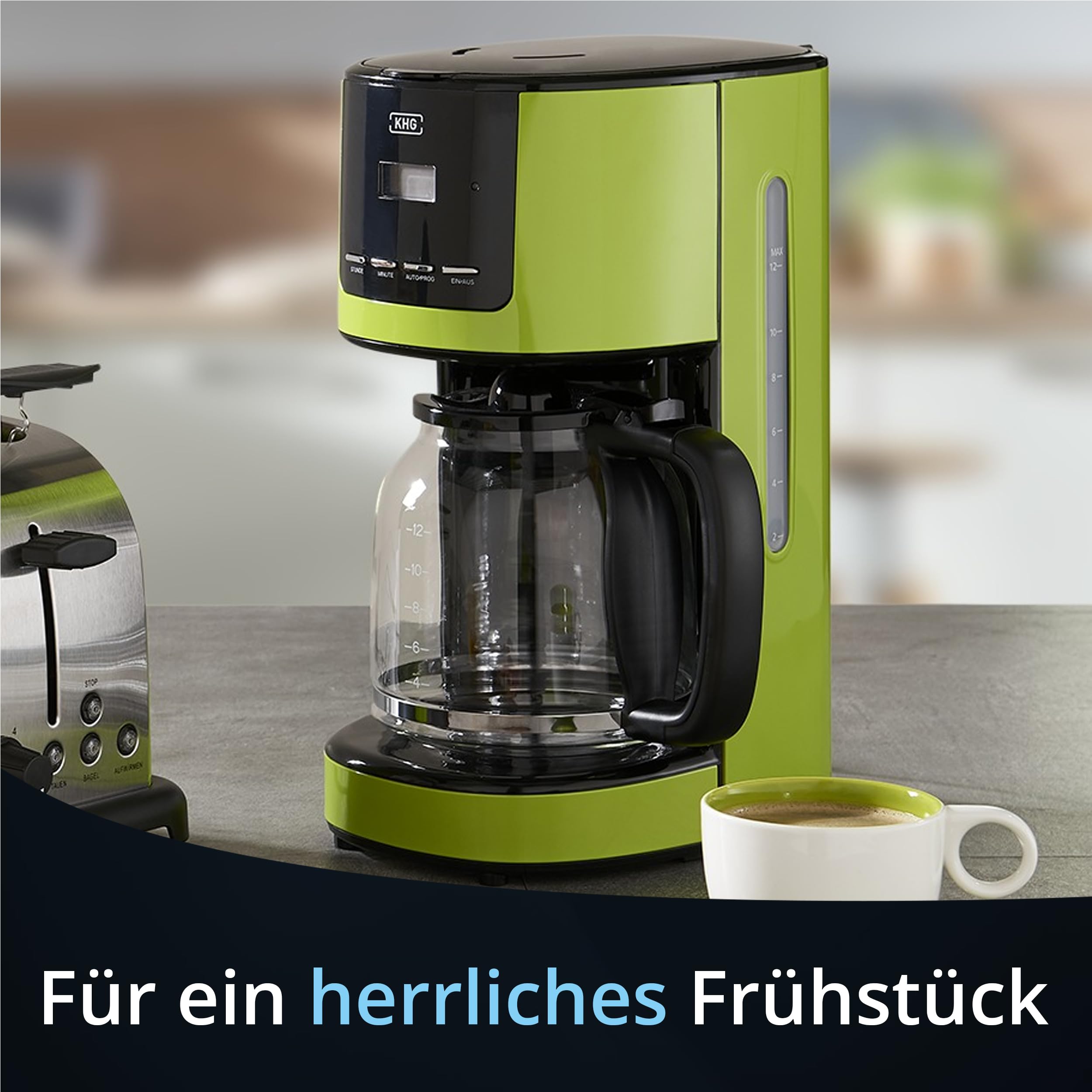 KHG Kaffeemaschine KA-184 (L) in Grün, 12 Tassen, 1,5L, 900W, Abschaltautomatik, Permanentfilter, Glaskanne und Filterhalter spülmaschinengeeignet, Timer-Funktion, LCD-Display, Tropfstopp
