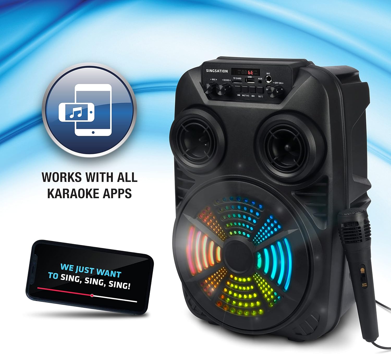 Singsation Karaoke Machine with a smartphone displaying a karaoke app, indicating compatibility with all karaoke apps.