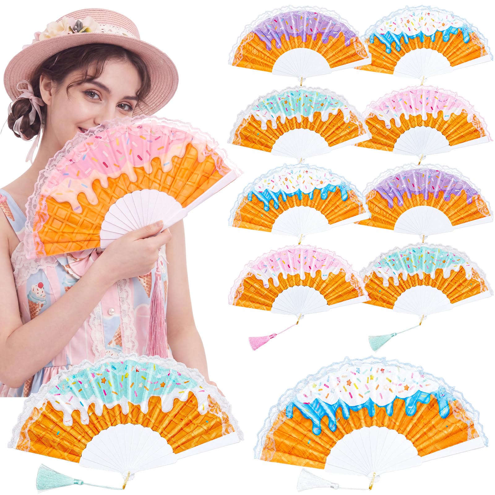 12 Pack Ice Cream Party Favors Hand Fans Bulk, Folding Fans with Tassel | Kawaii Wedding Summer Birthday Decoration, Lace Trim Paper Fan, Lightweight for Beach Pool Bachelorette Bridal Shower Decor
