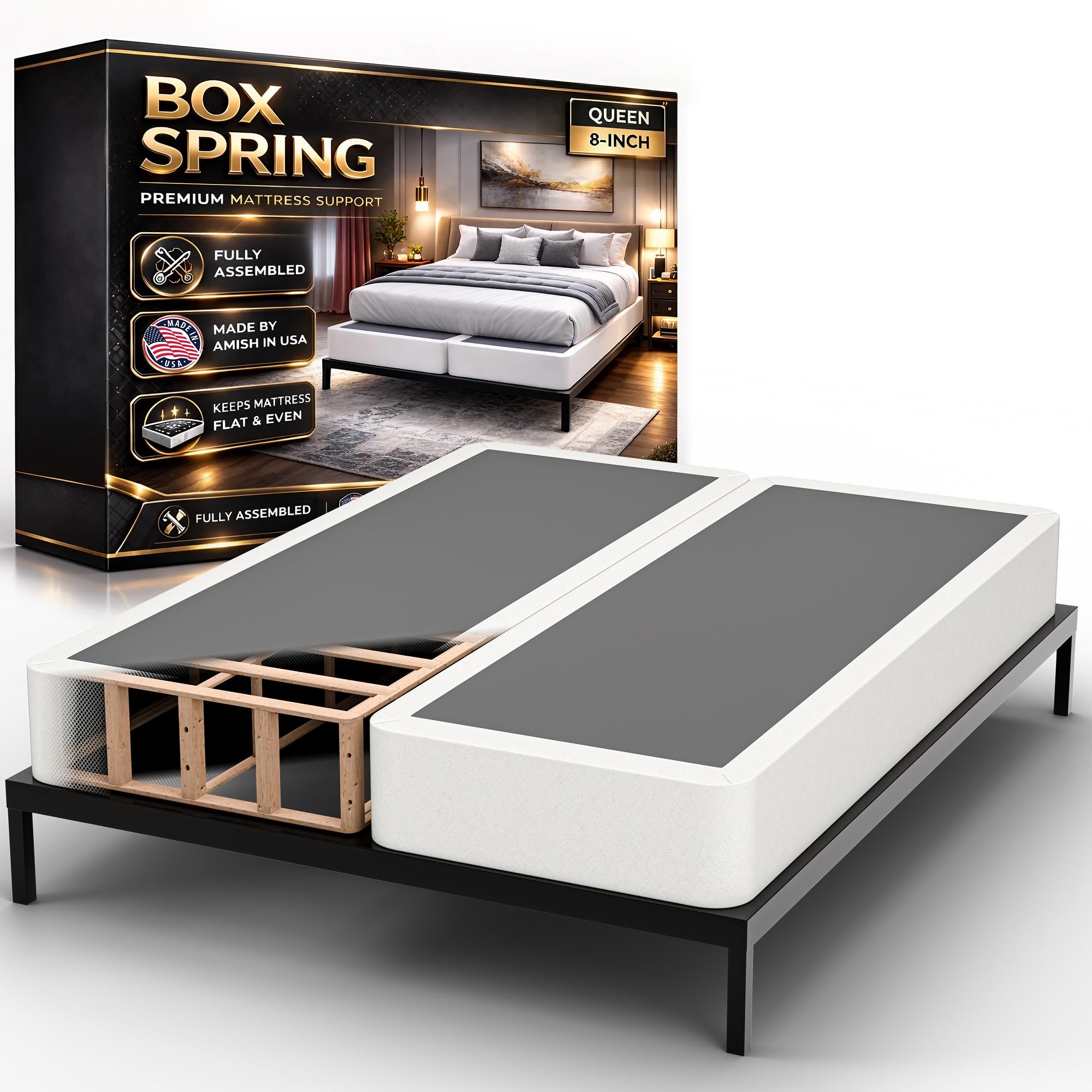Nutan, Box Spring Bed Base Queen Size, 8-Inch Wood Mattress Foundation – Amish Made in USA – Quiet Noise Free, 2-Pieces Under Mattress-Support BoxSpring, Fully Assembled, White