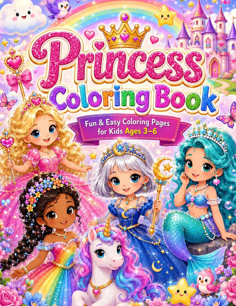 Cute Princess & Unicorn Coloring Book for Girls Ages 3–6: 40 Easy Magical Coloring Pages Featuring Princesses, Unicorns, Castles, Rainbows, Flowers & Fantasy Fun for Toddlers and Preschool Kids