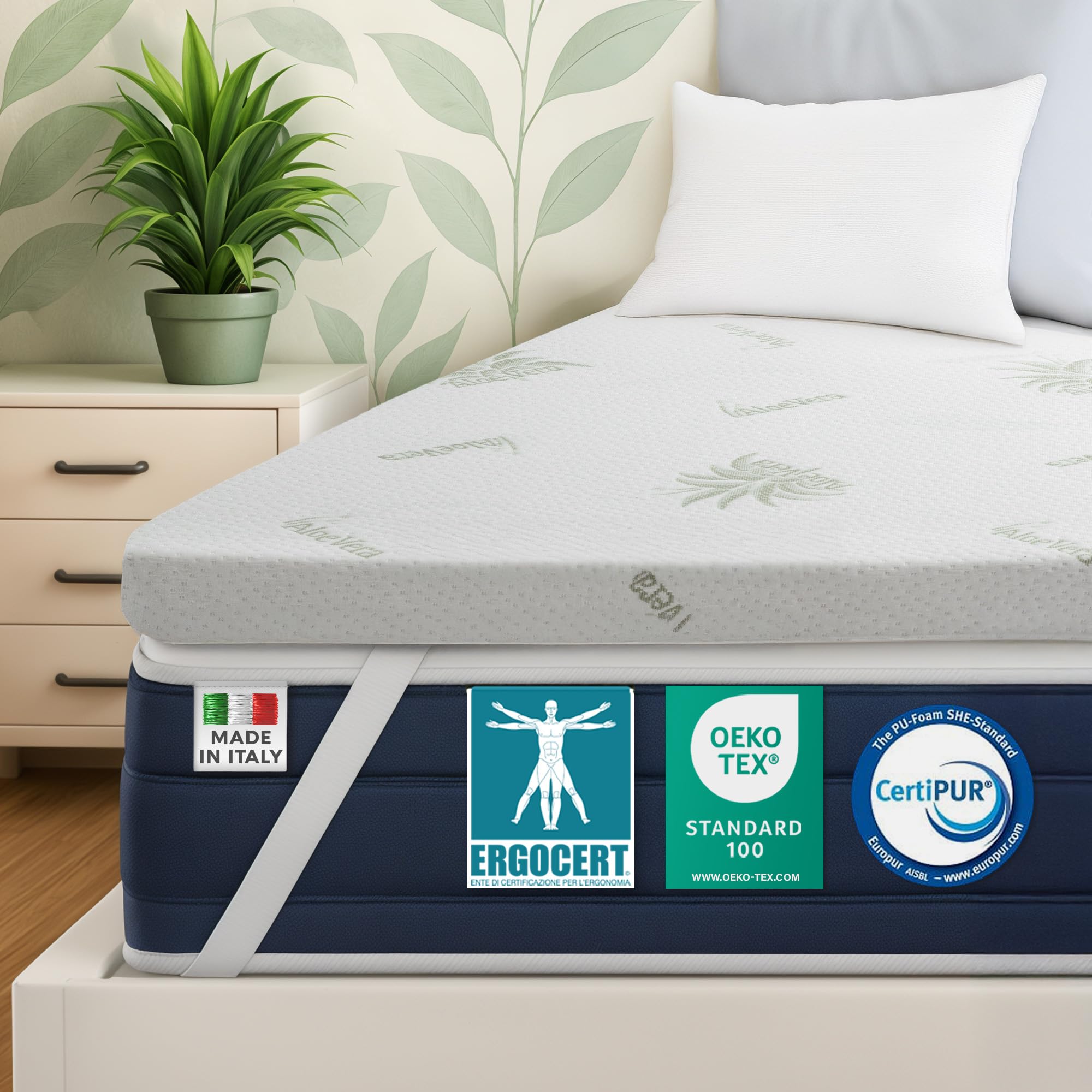 DOLCI SOGNI Memory Foam Topper 140 x 190 cm – 5 cm Thick – Topper for Mattress and Sofa Bed – Removable Bed Corrector in Aloe Vera – Made in Italy