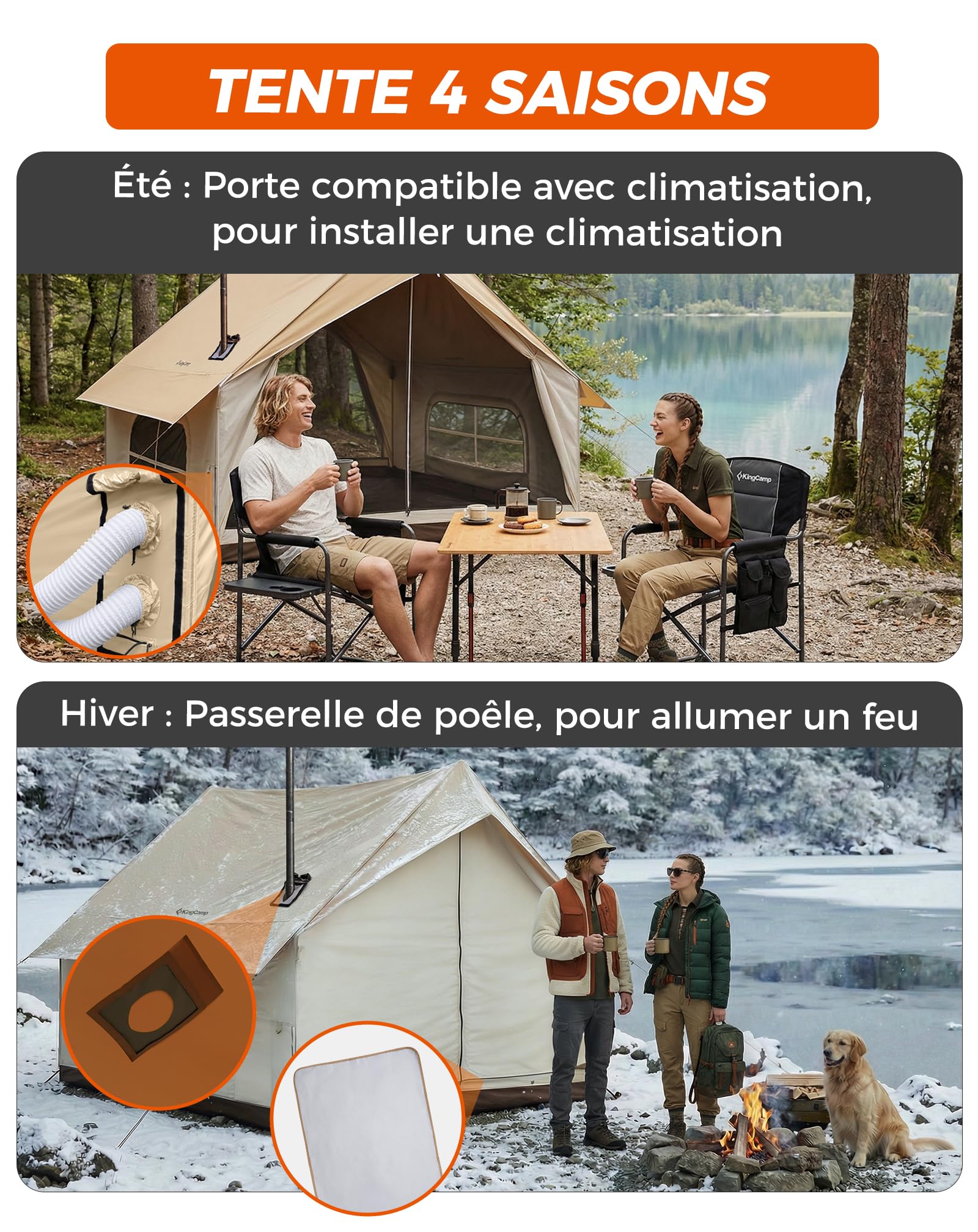 KingCamp 4-5 Personnes Tente,8㎡ Tente Maison avec cheminée & Port AC – Tente imperméable 210g TC, 2 Portes 4 Fenêtres – Tente 4 Saisons en Tissu Ignifuge, pour Camping Familial, Glamping Festivals
