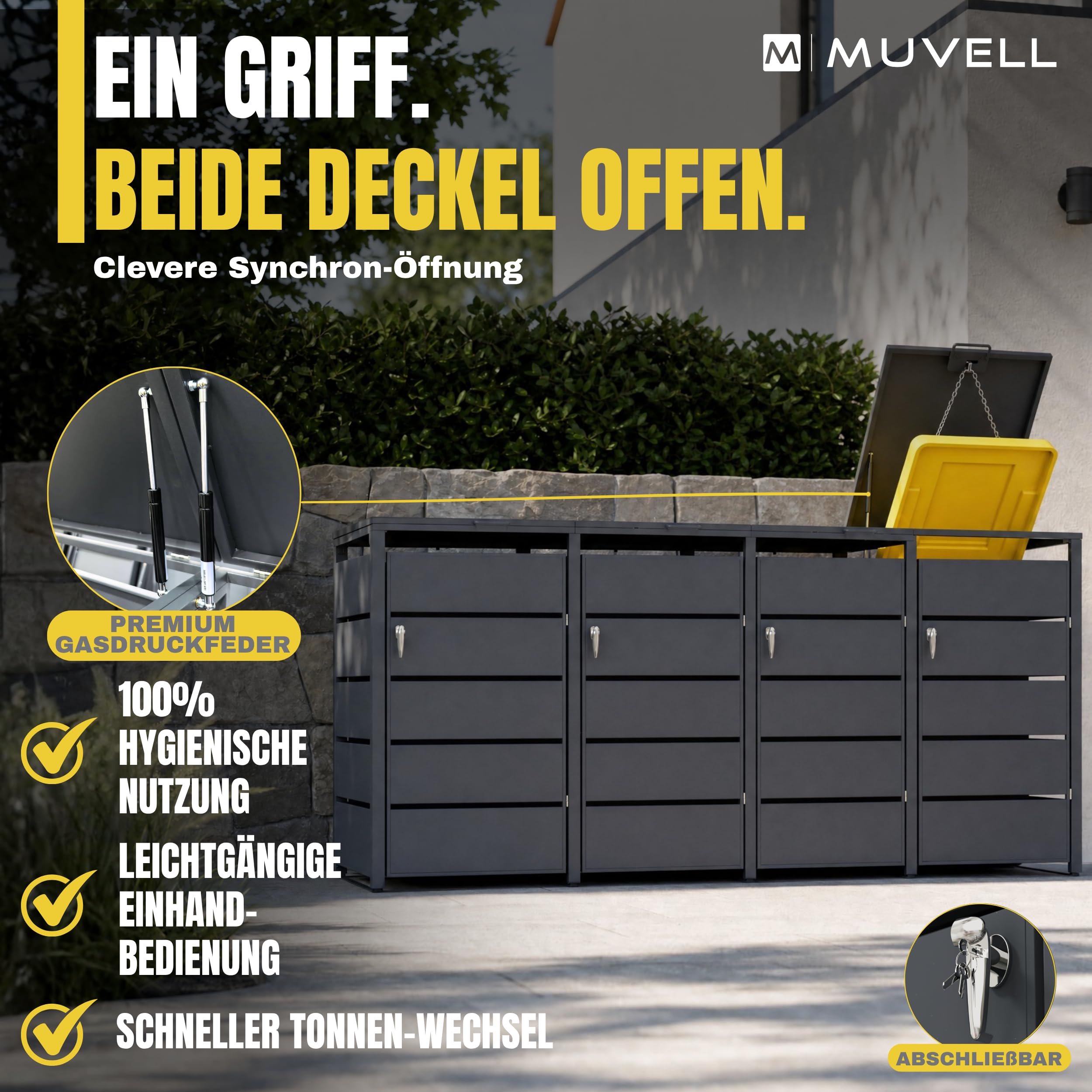Mülltonnenbox 4er 240l & 120l Müllbox - 0,8 mm feuerverzinktes Metall - Eisenglimmer DB 703 Premiumfarbe Mülltonnenboxen - abschließbare wetterfest Mülltonnenverkleidung