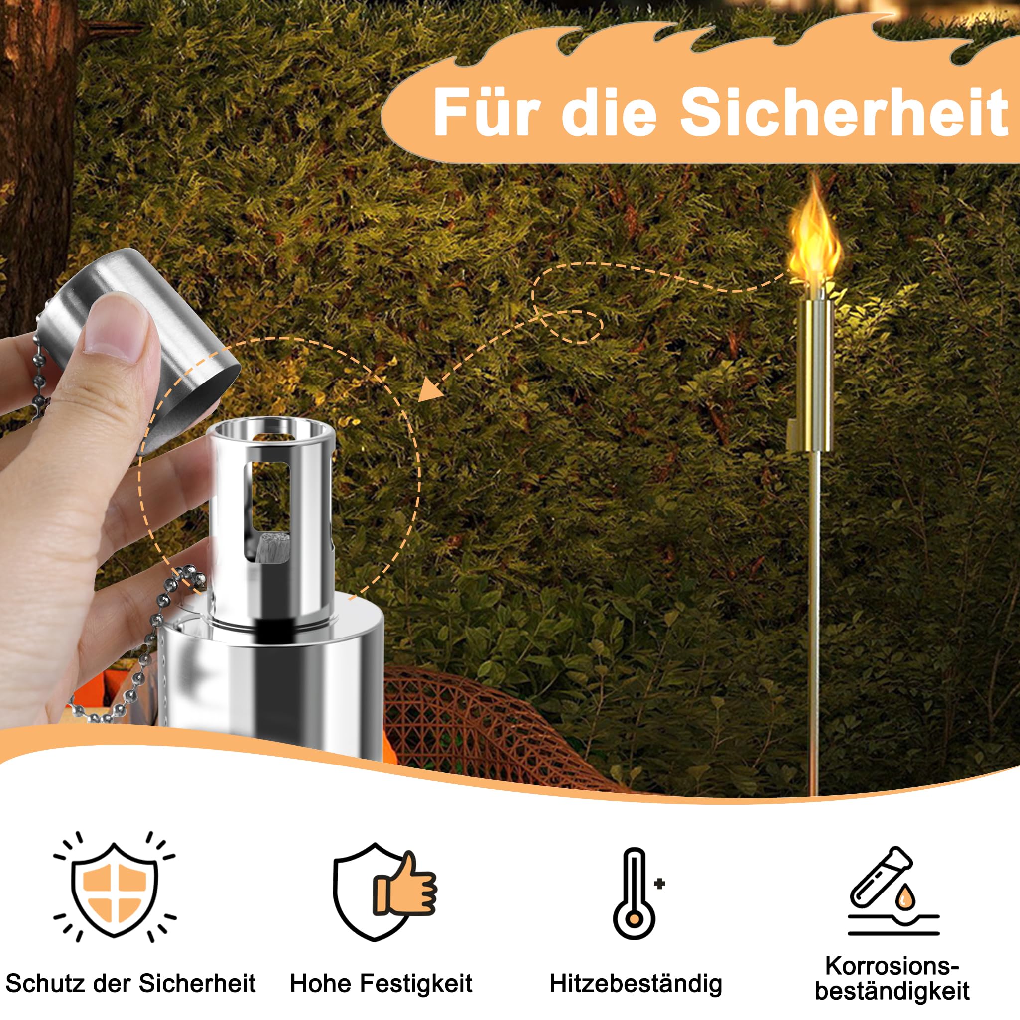 6er Set Gartenfackeln für Draußen aus Edelstahl Öl 330ml Ölfackeln Fackeln Öllampe 115cm Hoch Outdoor Fackeln Rostfrei mit kindersicherer Verschluss für Terrasse Balkon