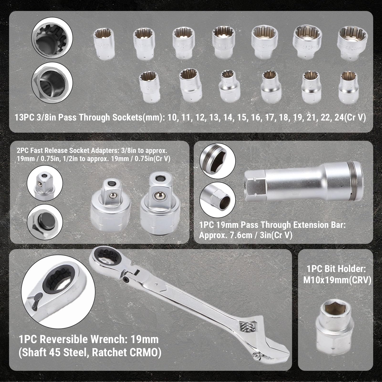 YWBL-WH Set di Bussole Passanti, Chiave a Cricchetto Reversibile da 19 Mm con Bussole Scanalate Metriche da 10 a 24 Mm, modalità a Cricchetto 2 in 1, per Serrare e Allentare Dadi