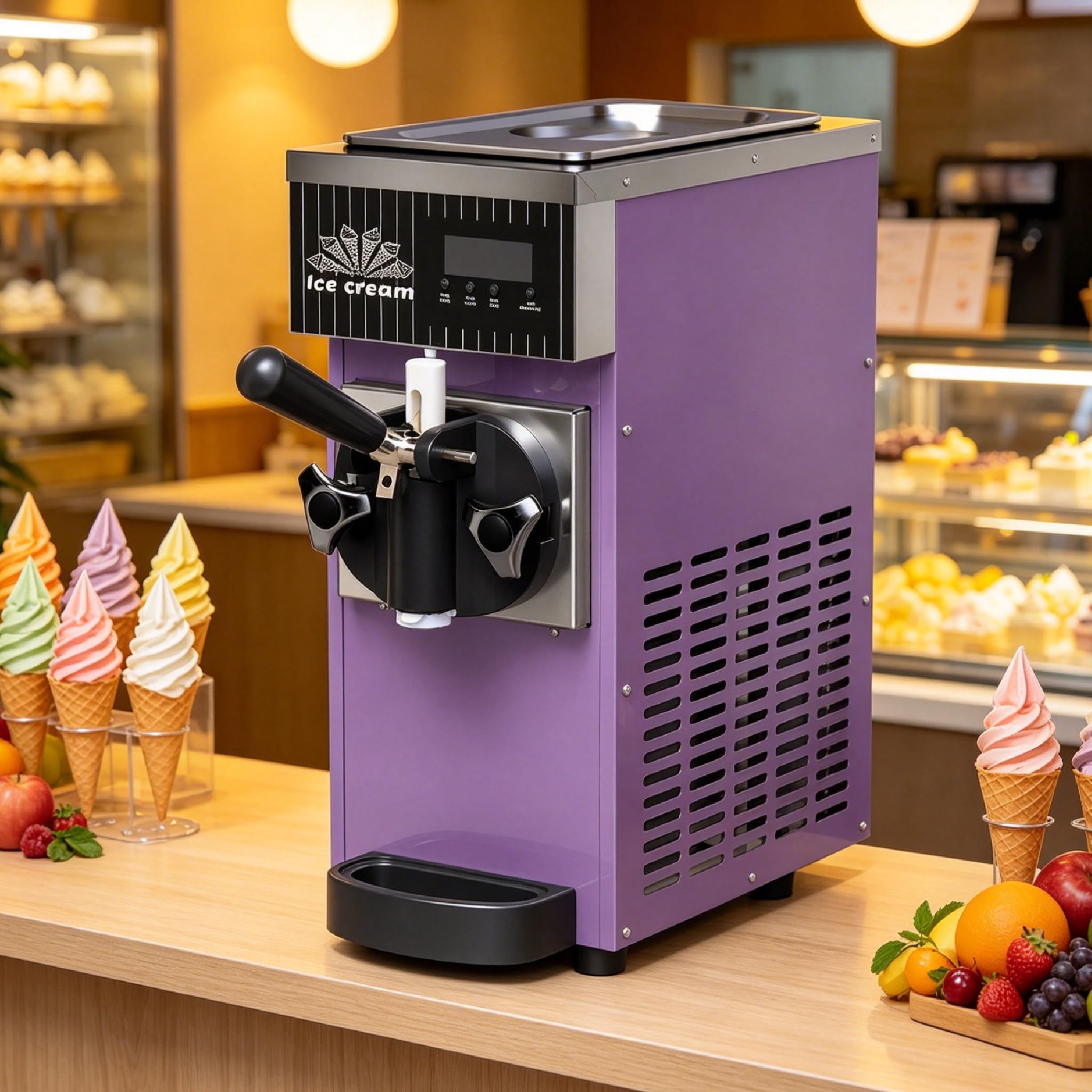 Sushangmao Soft Serve Ice Cream Maker, Countertop Soft Serve Ice Cream Maker, 450W Countertop Machine with 2.5L Hopper, LCD Control, One-Touch Cleaning for Cafes Dessert Shops purple